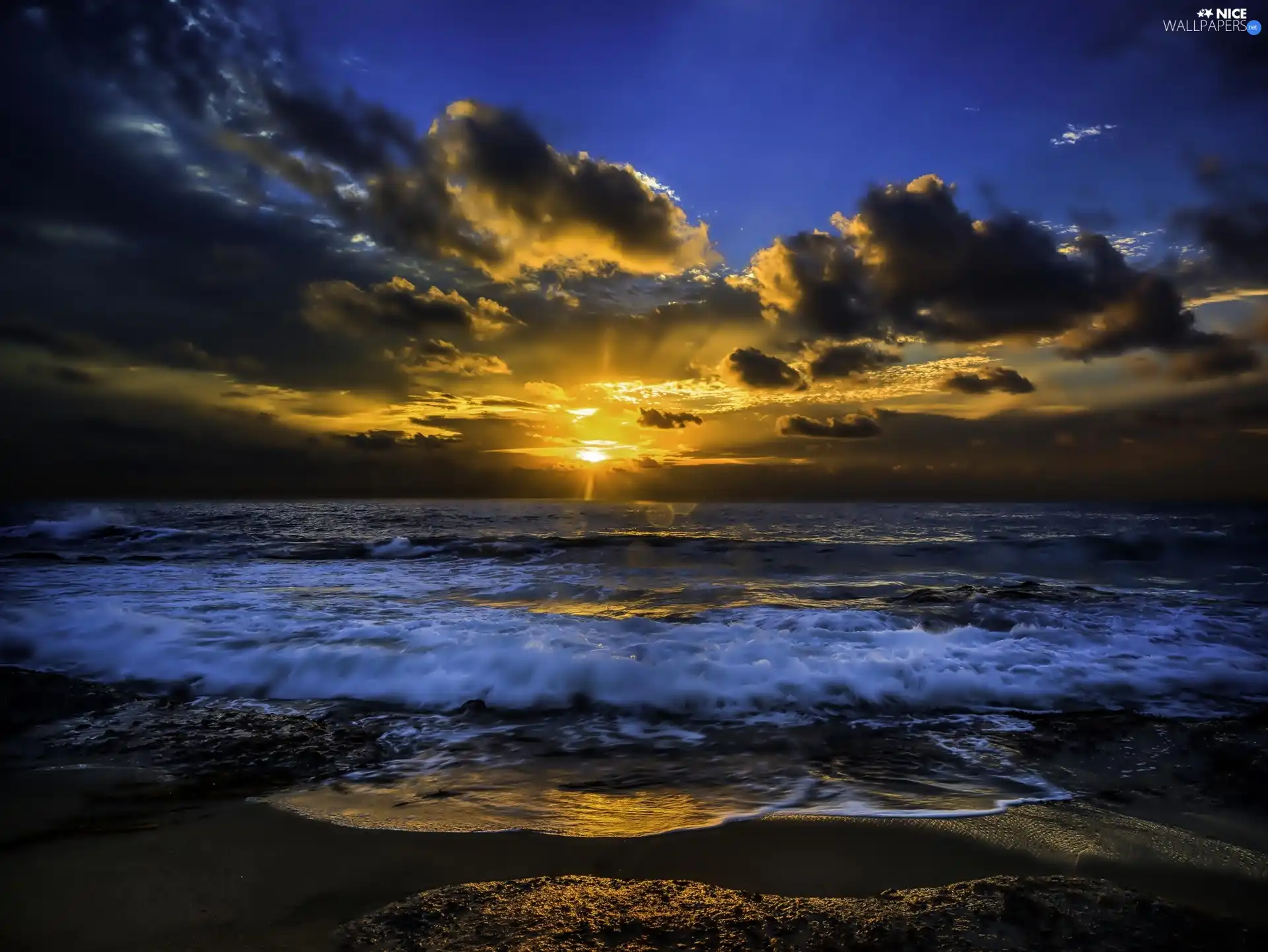 sea, Waves, sun, clouds, west