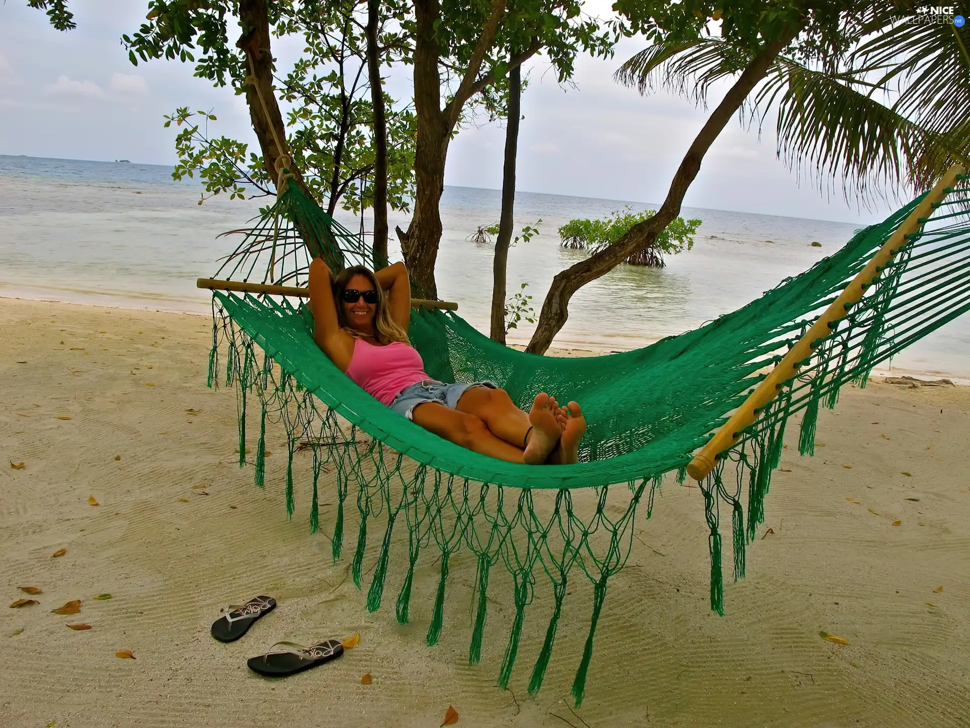 Women, Beaches, sea, Hammock