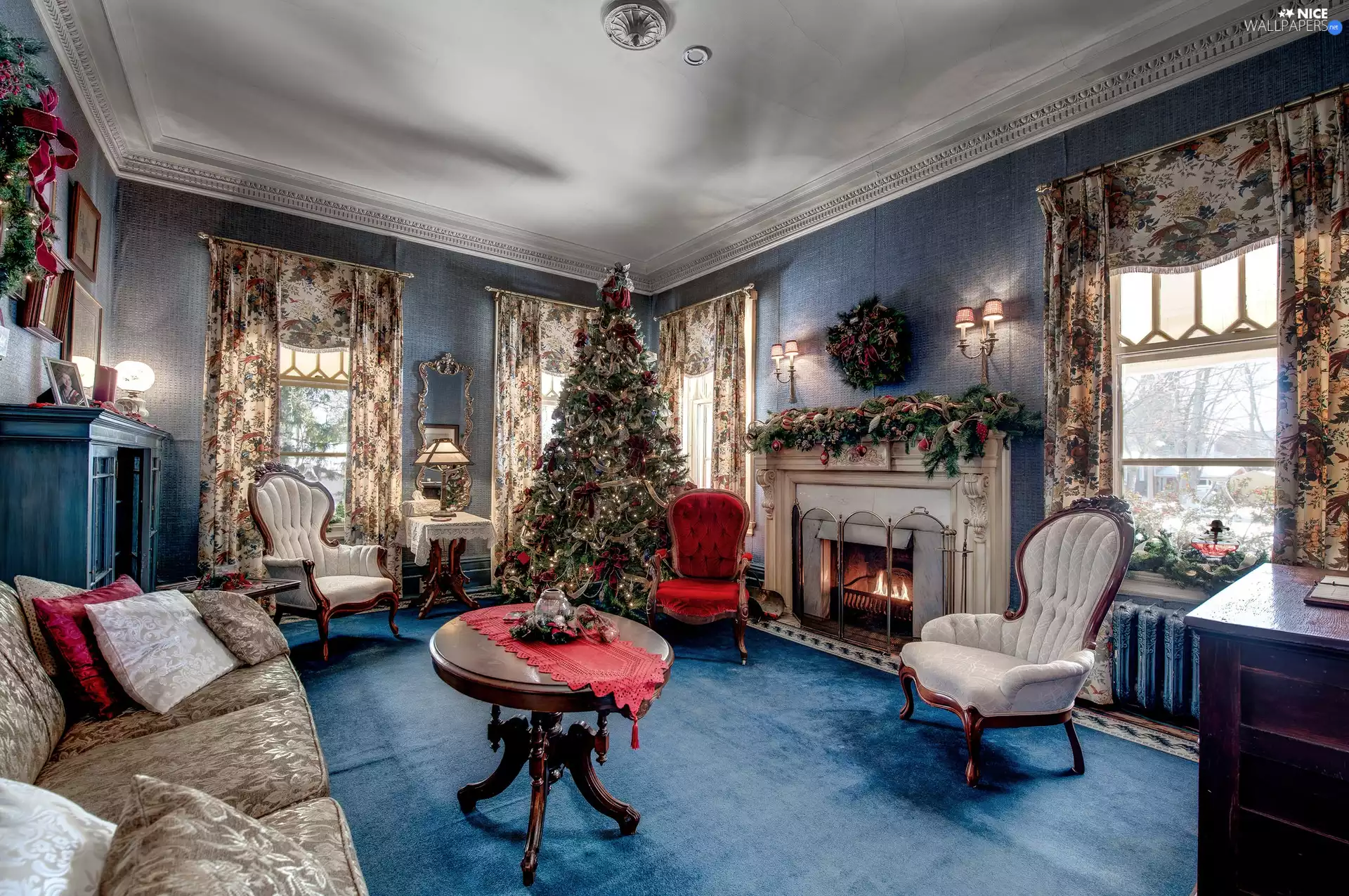 seats, christmas tree, burner chimney, table, saloon, sofa, Windows