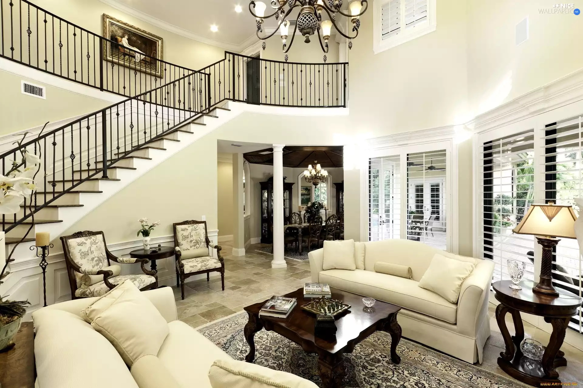 Sofa, seats, saloon, Stairs, White