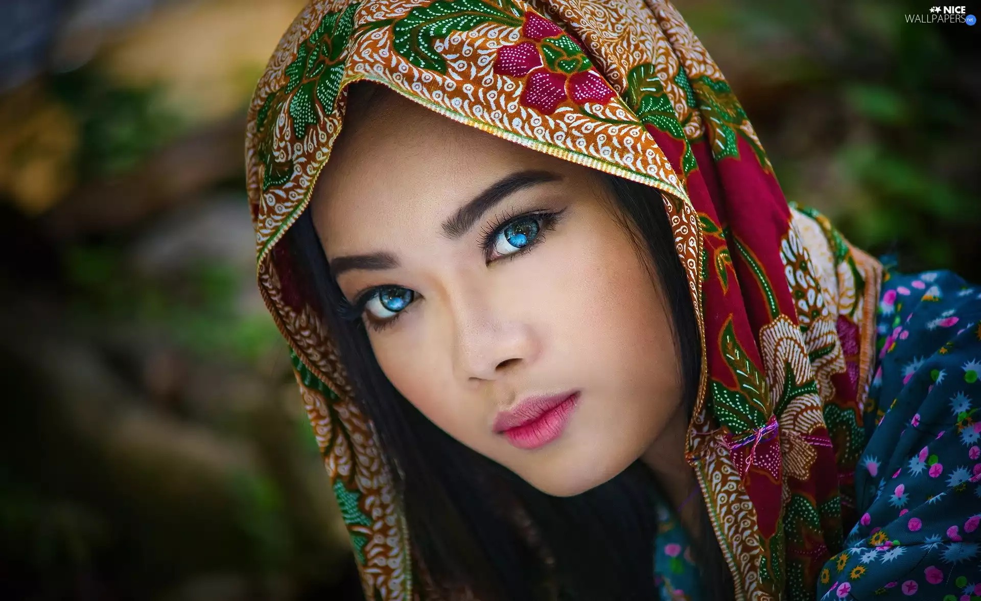 blue, Women, Coloured, shawl, Eyes, make-up