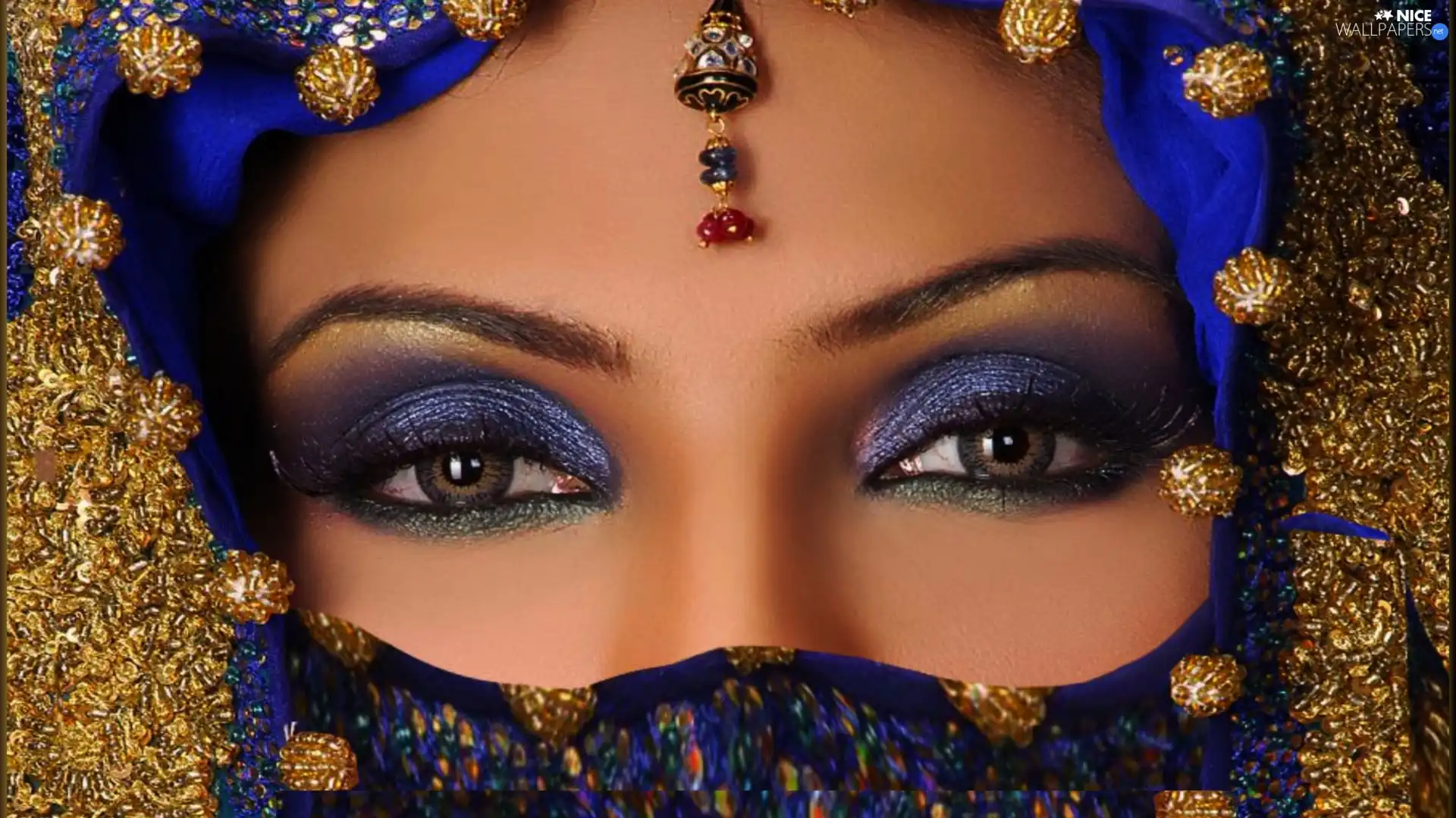 Women, Blue, shawl, make-up