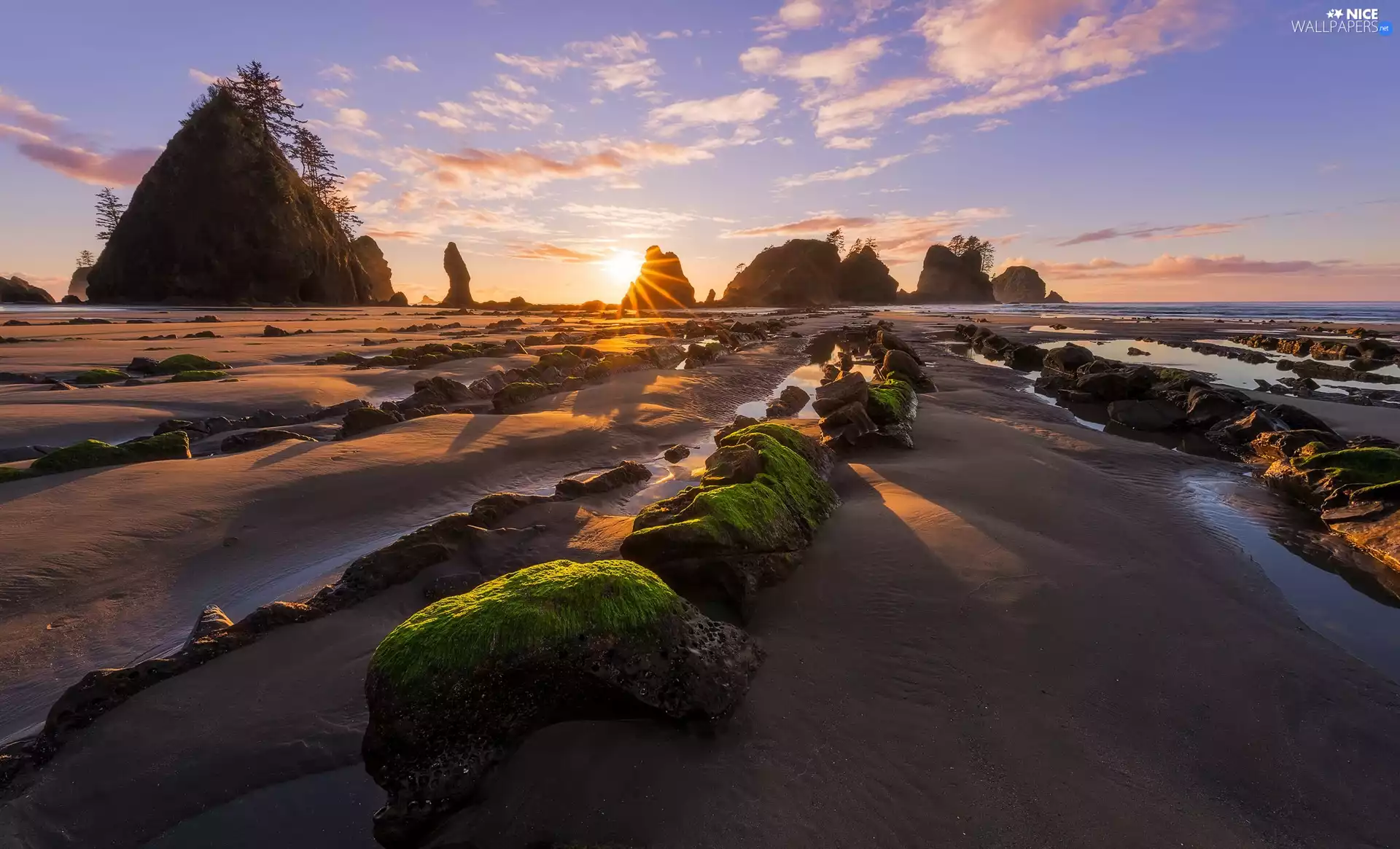 Olympic National Park, Washington State, rays of the Sun, The United States, rocks, Clallam County, Shi Shi Beach, Stones