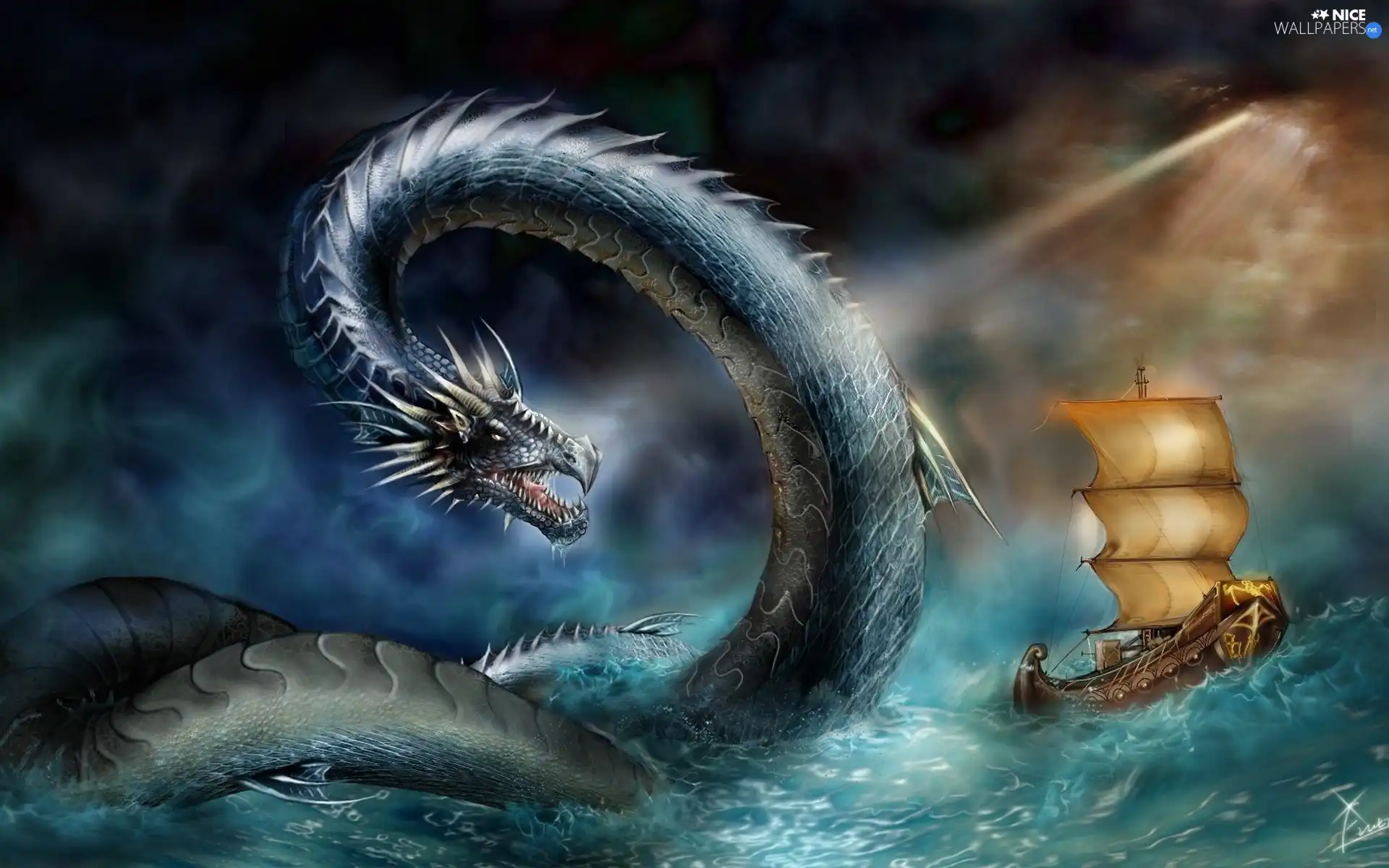 Ship, water, Dragon