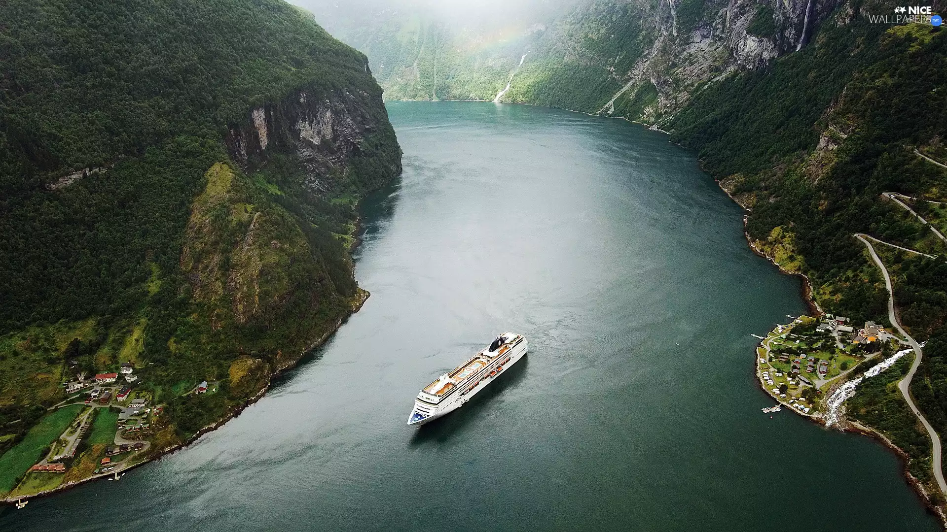 woods, Fiord Geirangerfjord, Way, rocks, Norway, Villages, Ship