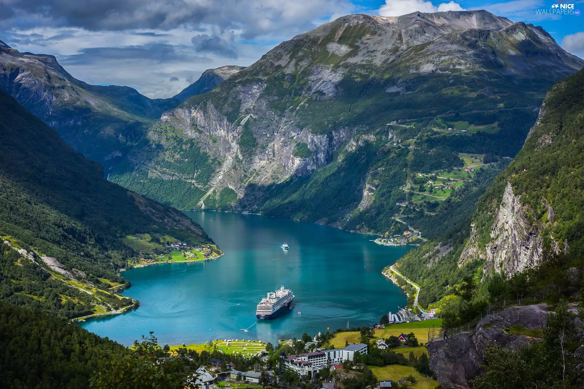 Mountains, Norway, Houses, Ship, Gulf, Fiord Geirangerfjorden