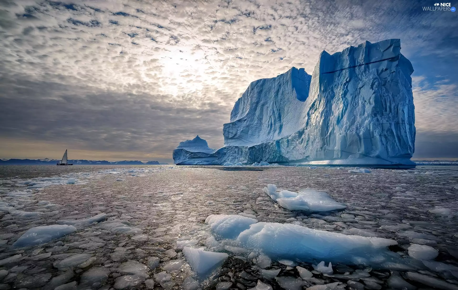 Sky, Ship, Ice, sea, mountains