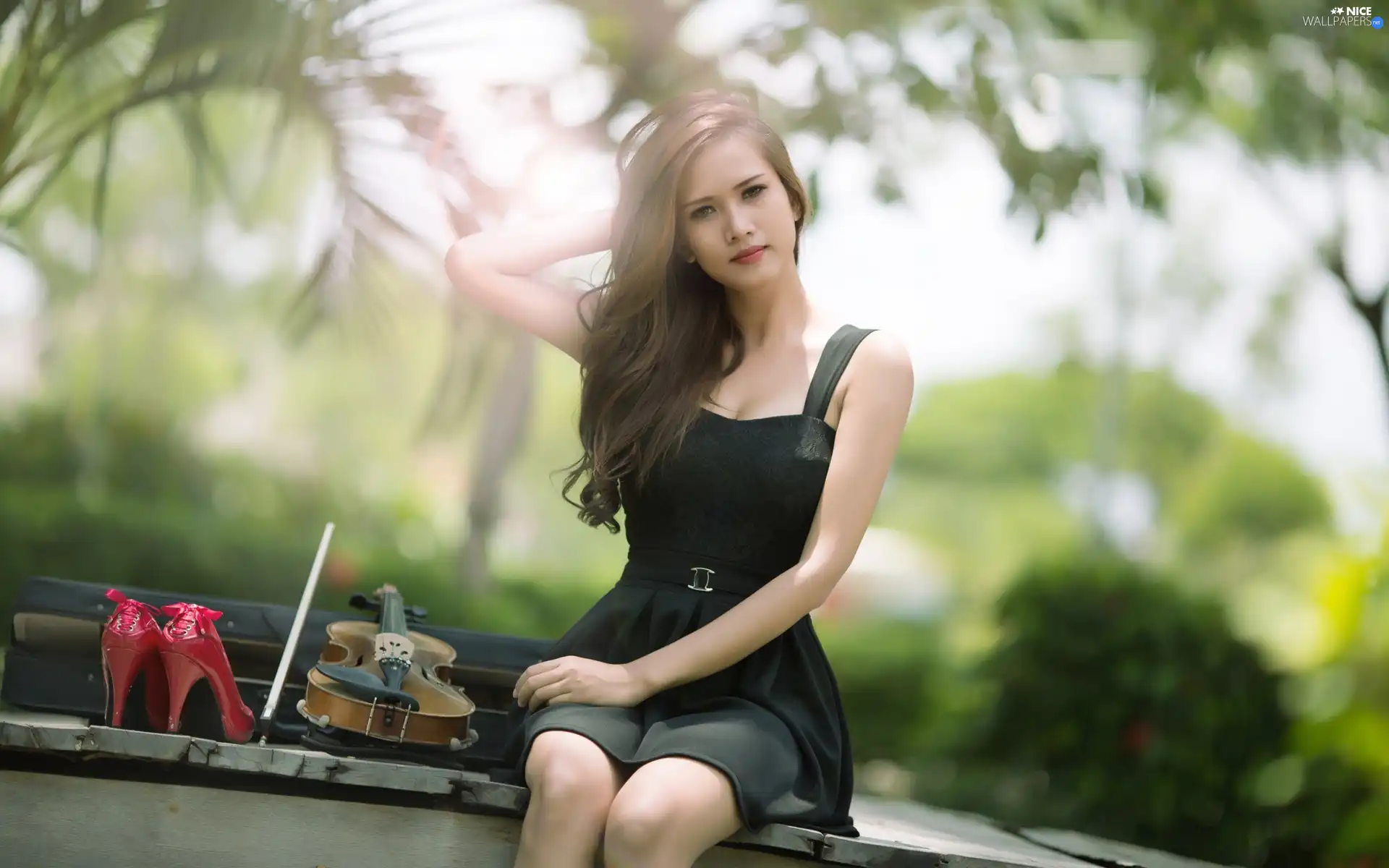 Women, violin, shoes, sitting