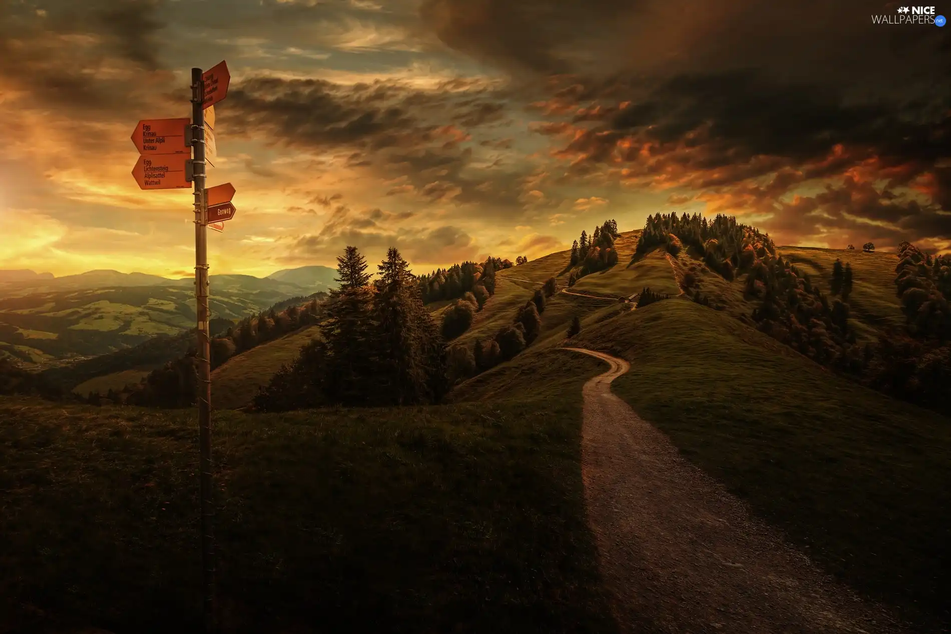 clouds, Great Sunsets, Path, sign-post, Mountains