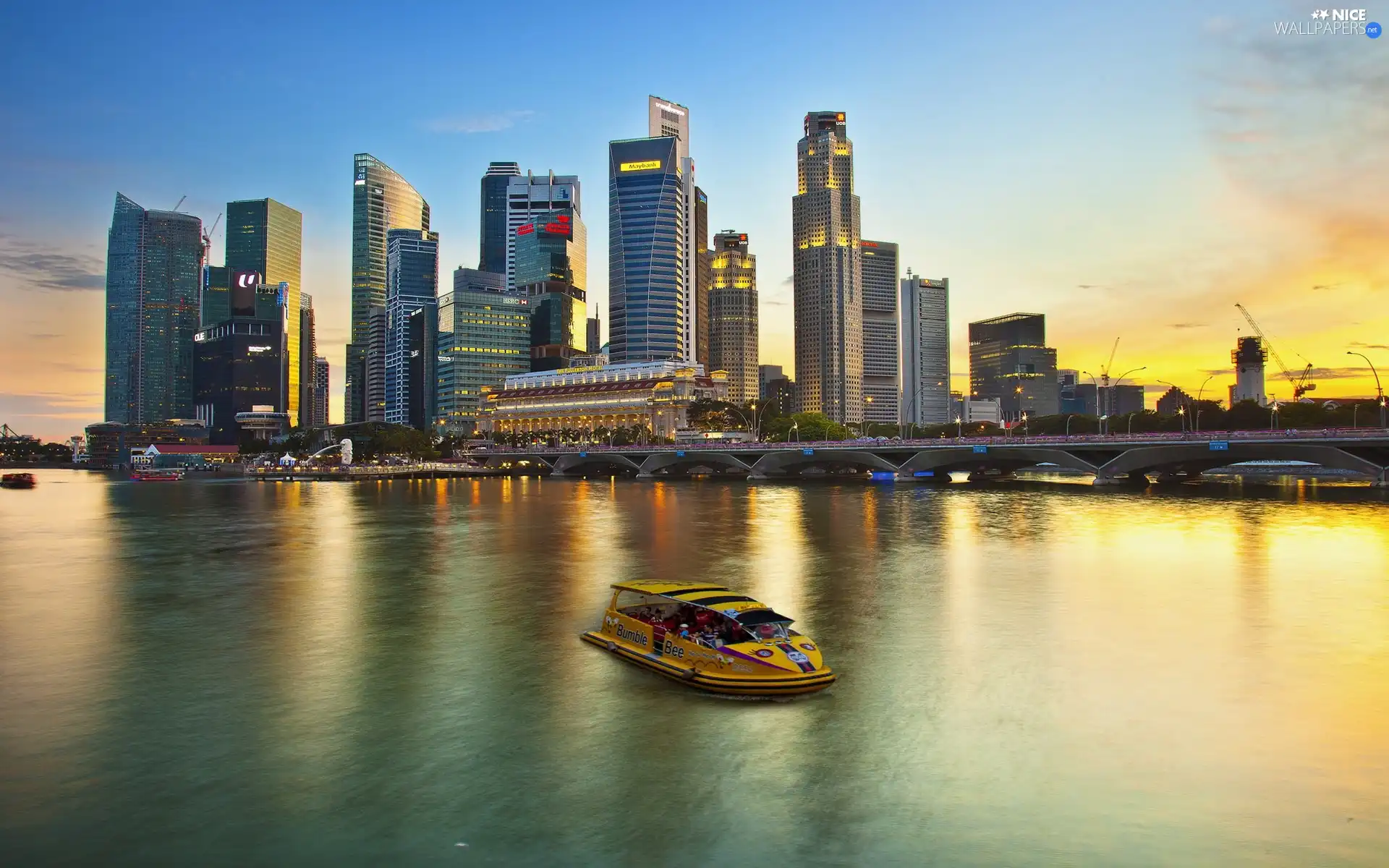 skyscrapers, Ship, Singapur, clouds