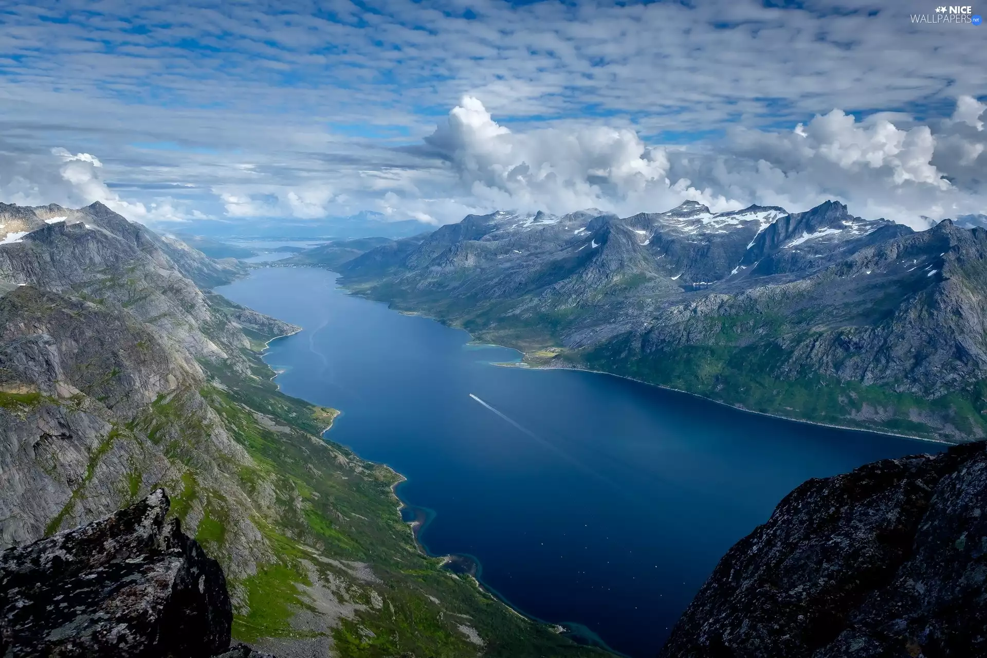Skamtinden Mountain, Ersfjorden Fjord, Norway, clouds, Troms Commune, Mountains