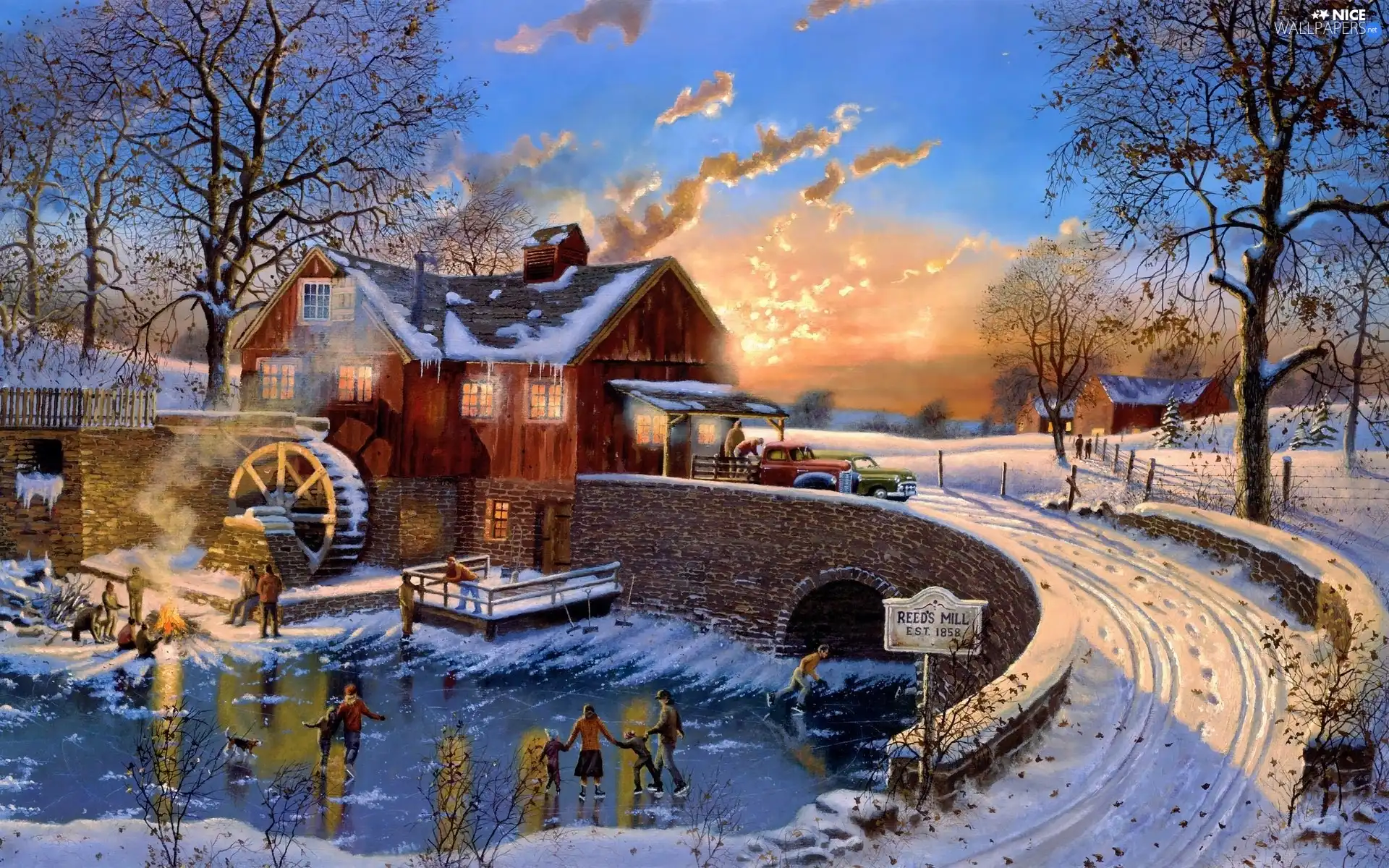 winter, Watermill, Skates, bridge