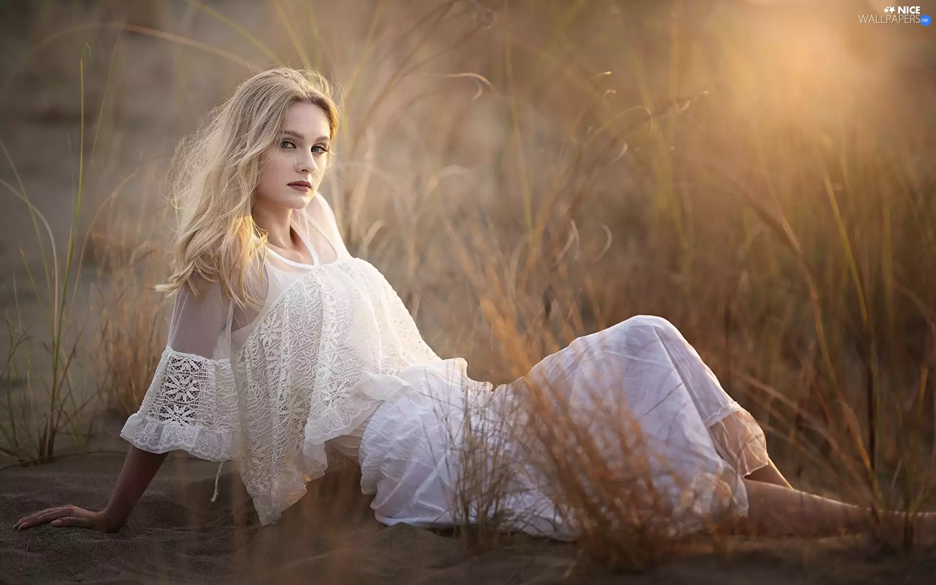 Blouse, Skirt, Blonde, White, Women