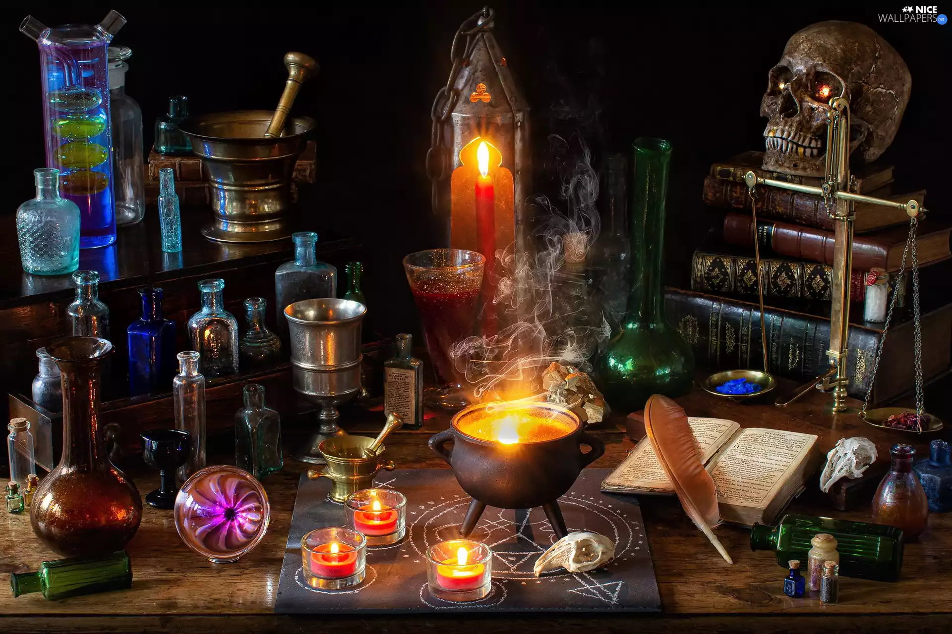 Book, composition, Bottles, skull, mortar, Candles