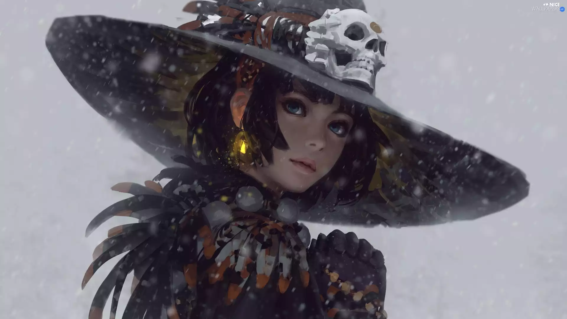 girl, skull, Digital Art, Hat