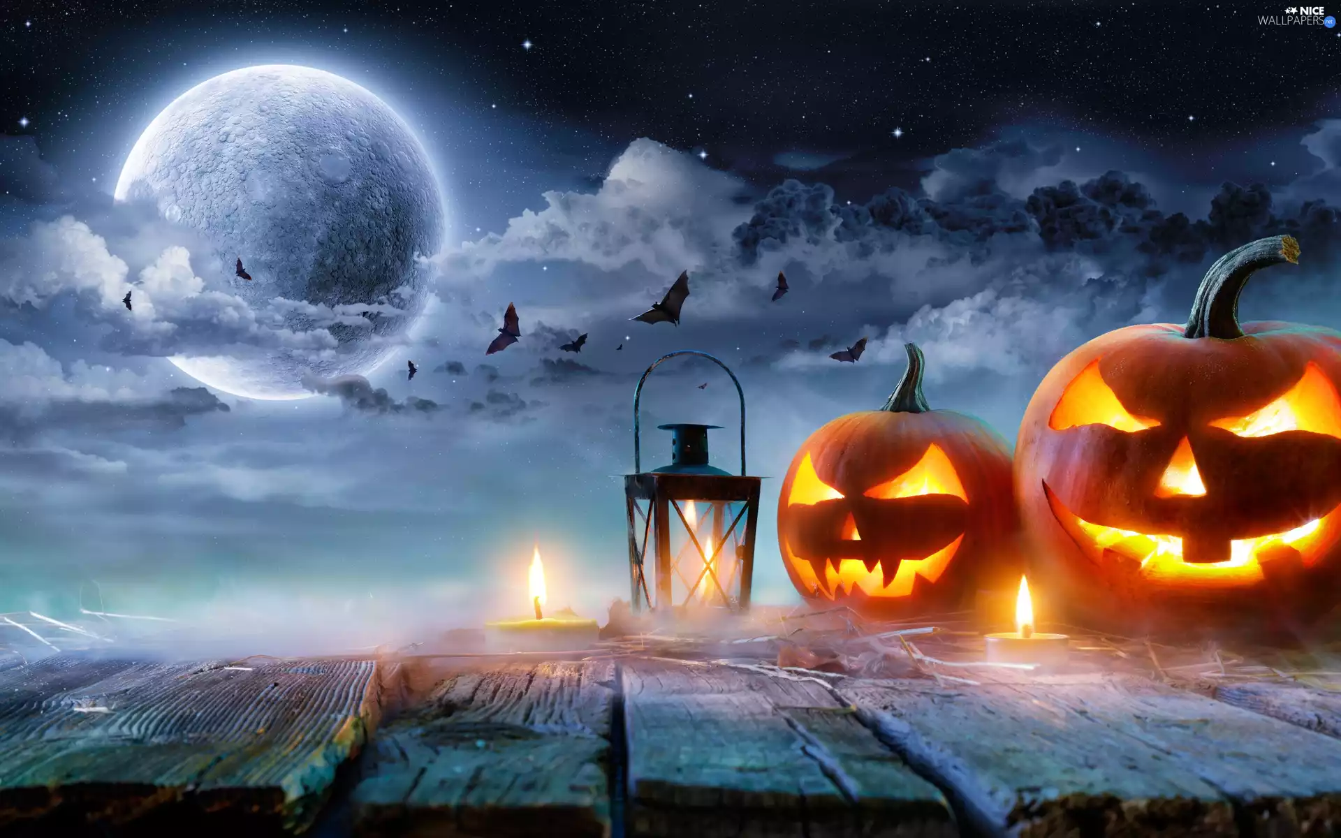 lantern, Candles, bats, Starry, moon, pumpkin, halloween, Sky