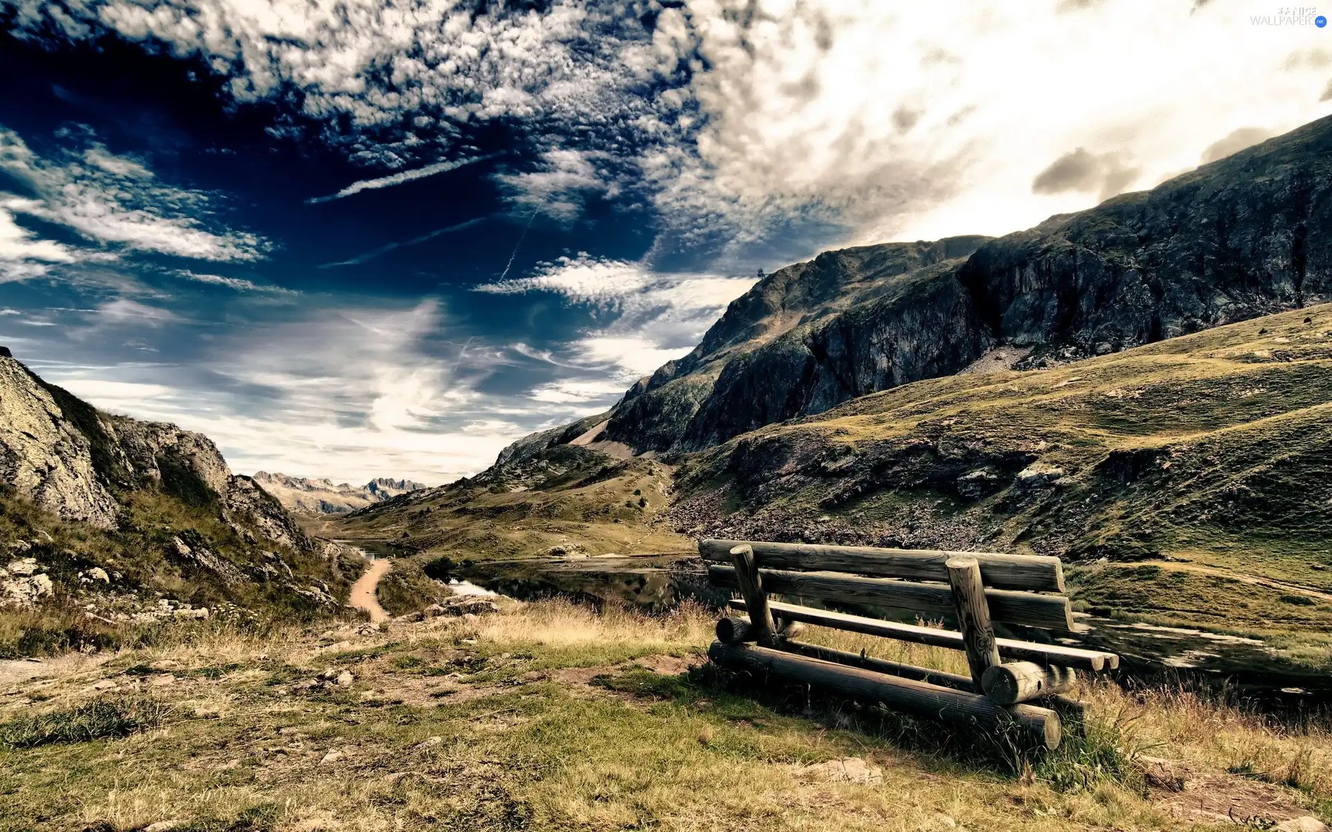 Sky, Mountains, Bench