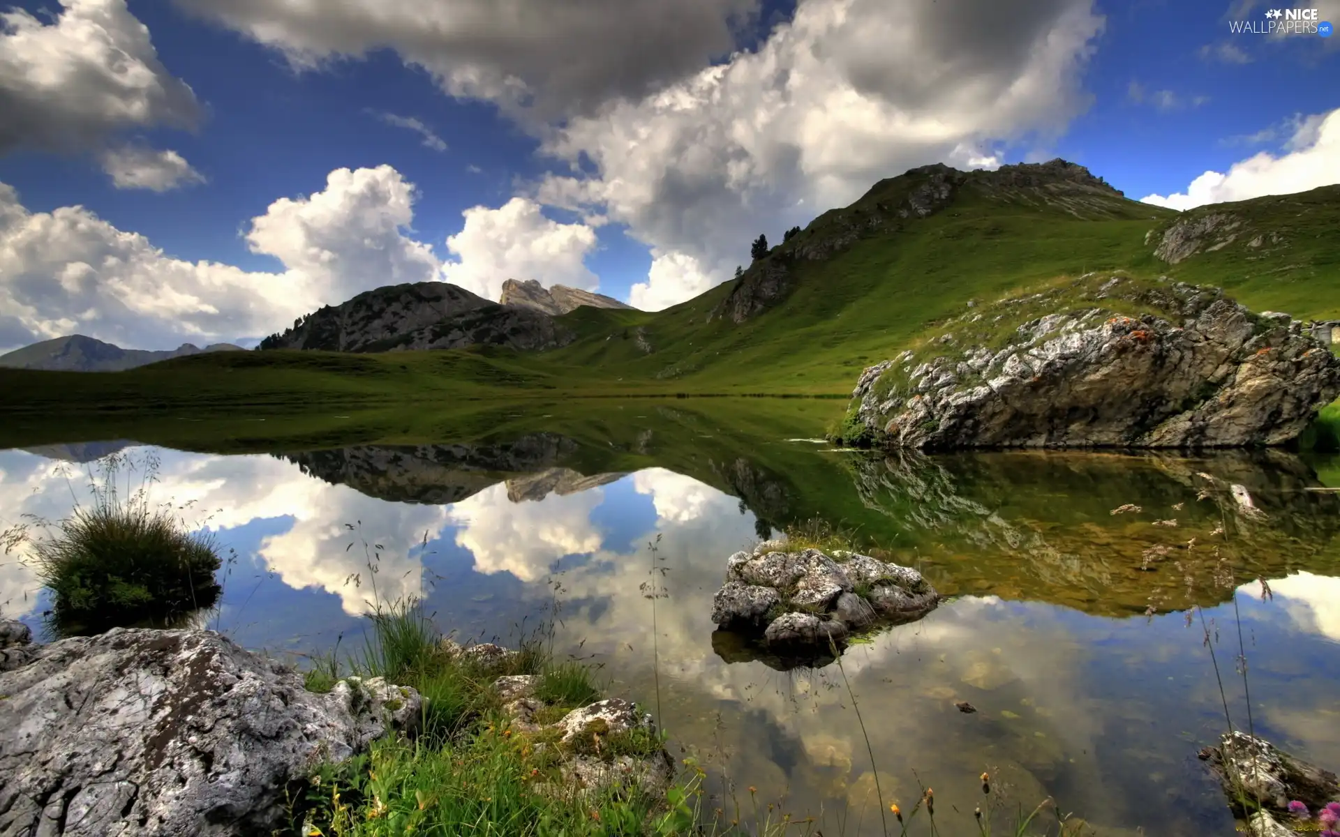 Sky, clouds, rocks, The Hills, lake