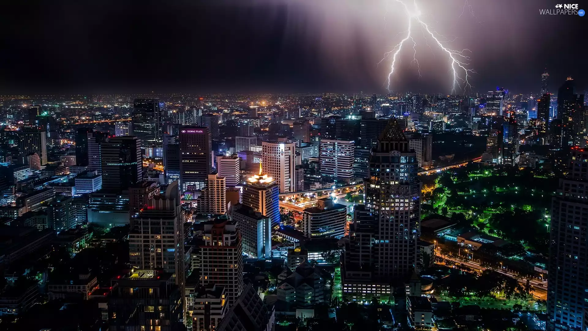 City at Night, Sky, thunderbolt, Houses