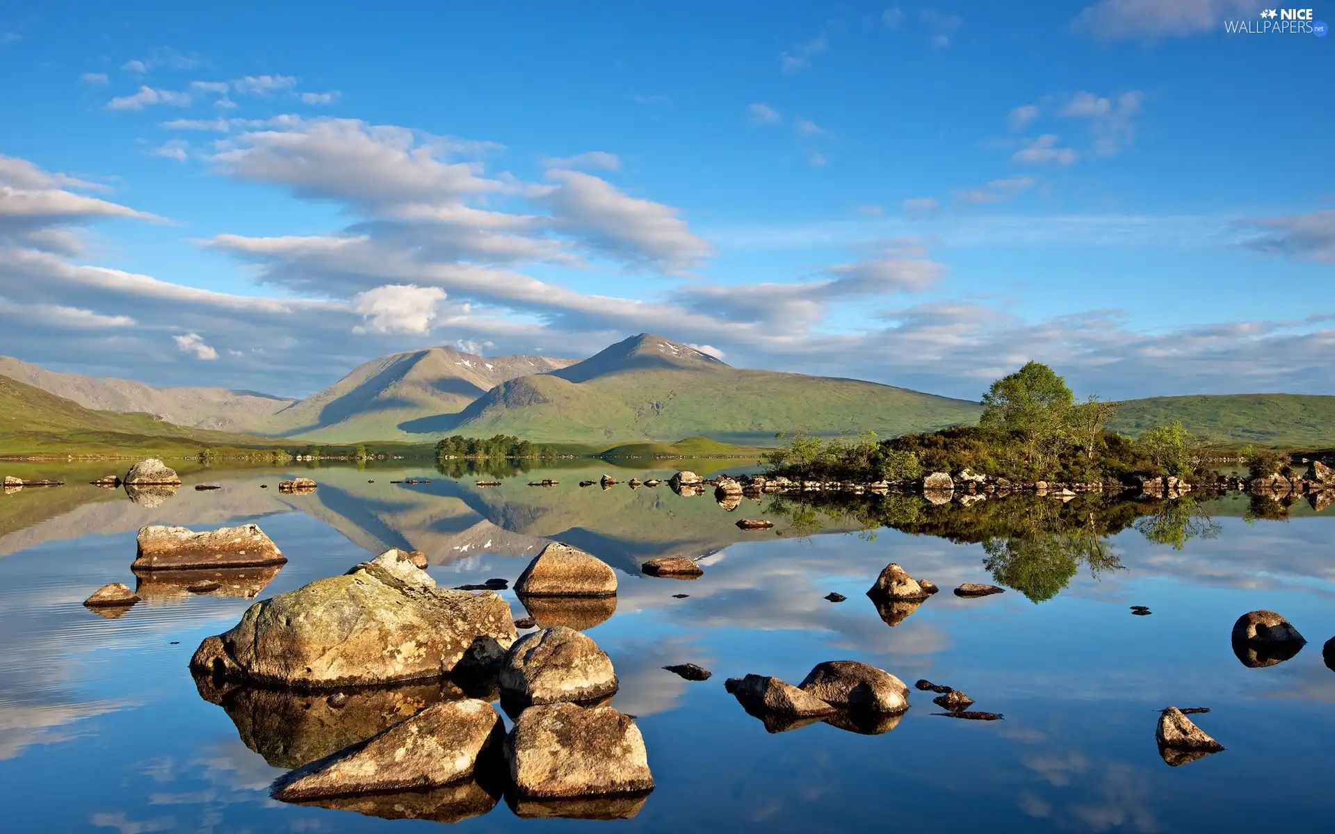 lake, hills, Sky, Stones