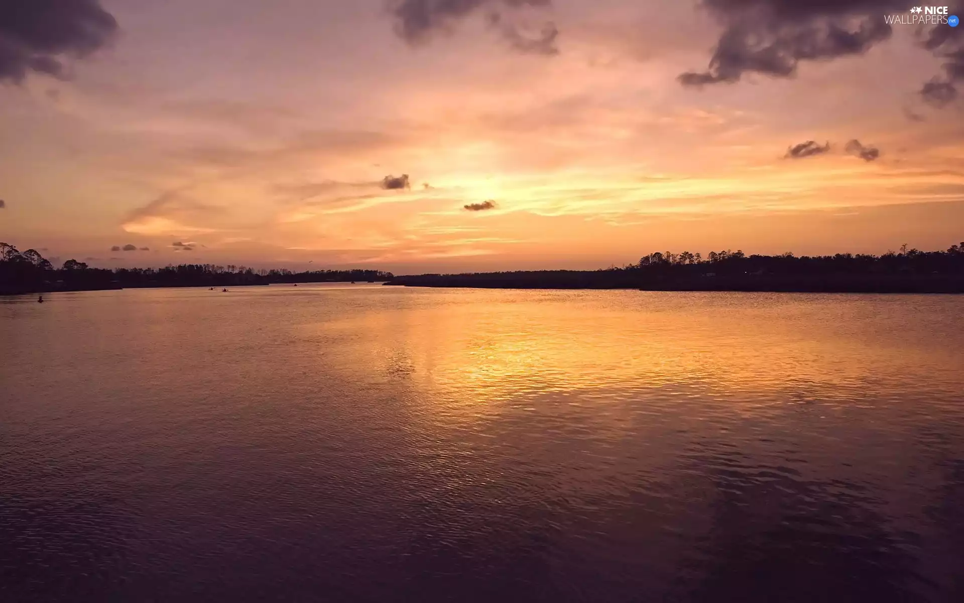 lake, west, sun, Sky