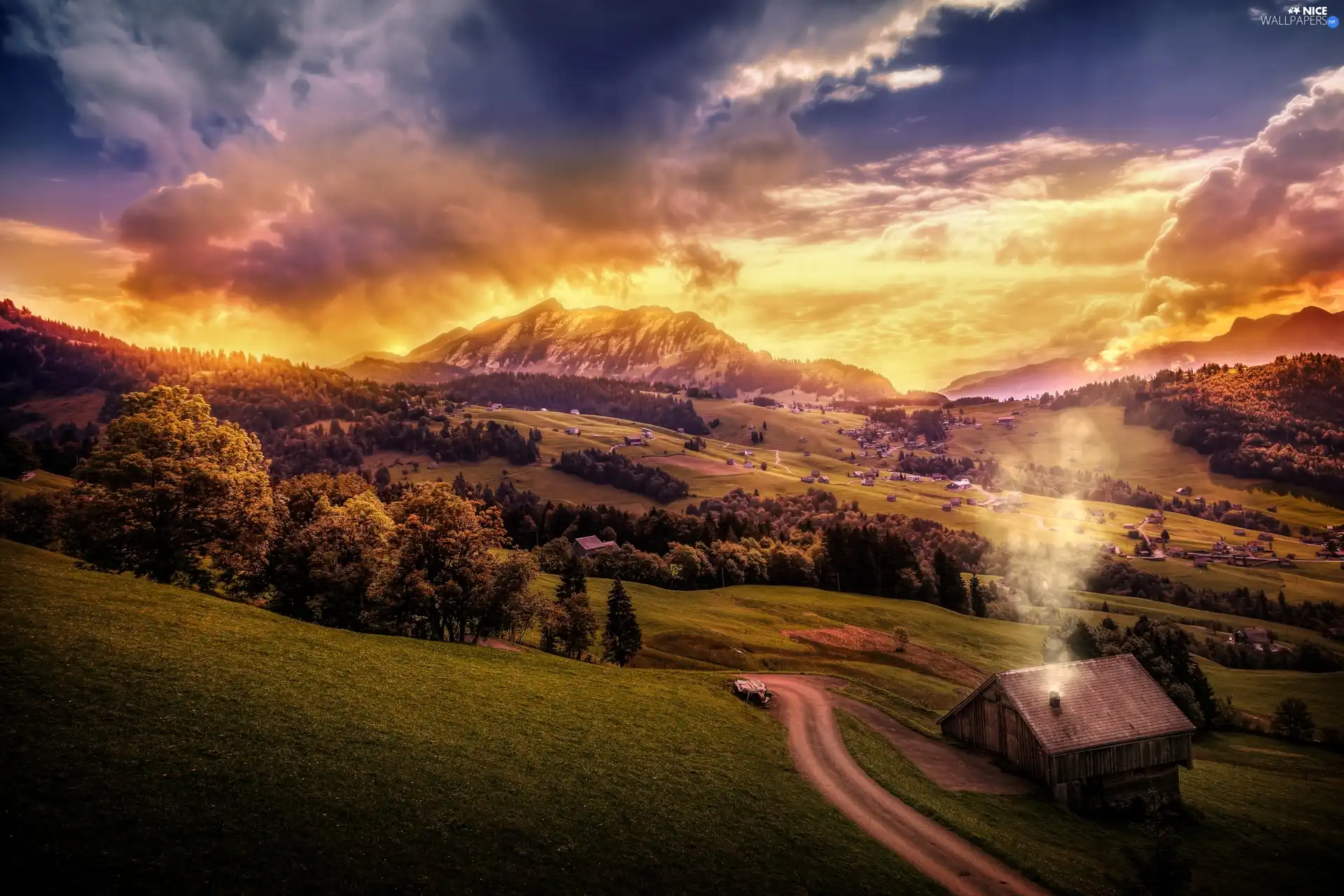 Sky, Meadow, Sunrise, Houses, Mountains