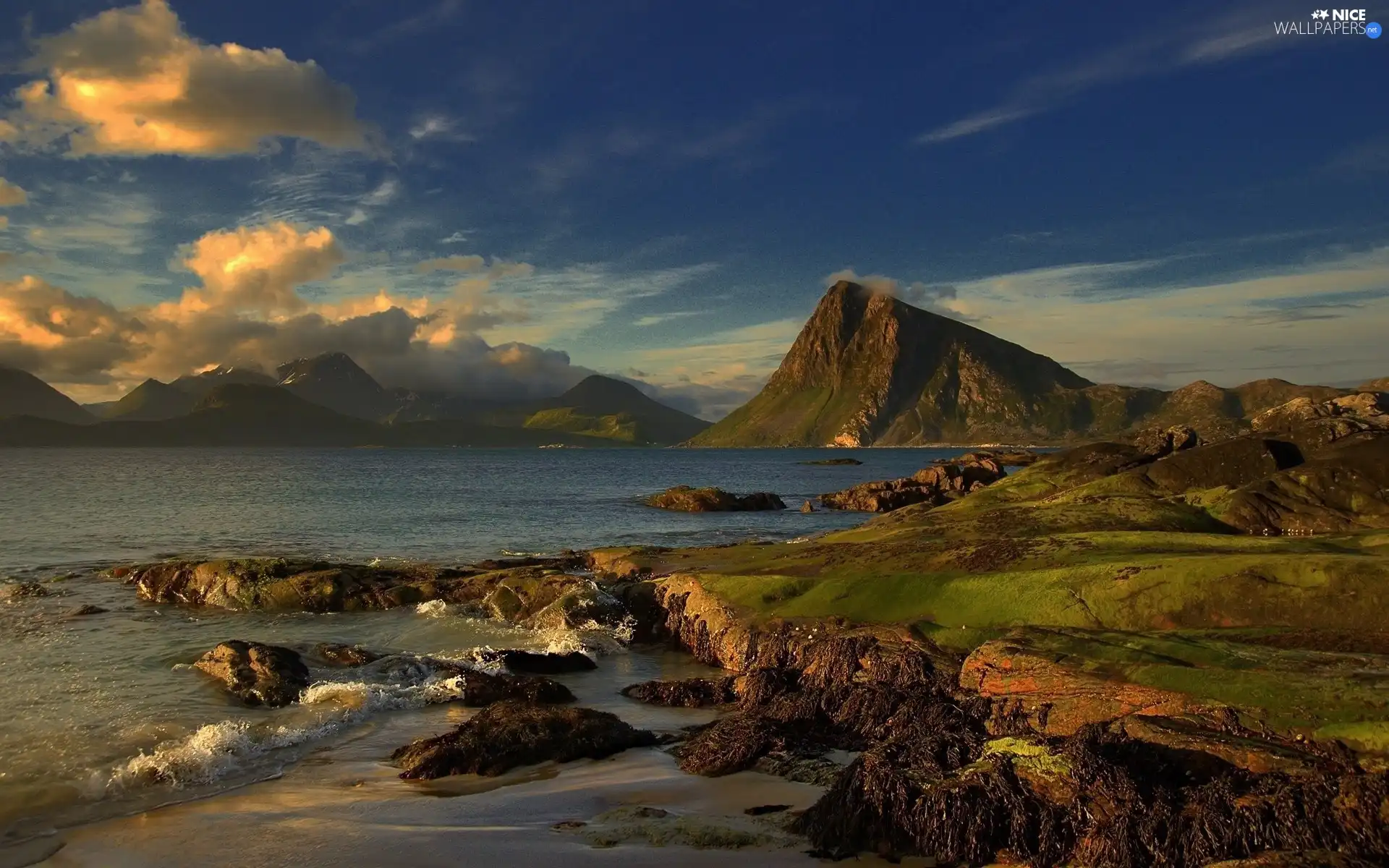 Mountains, Clouds, Sky, sea