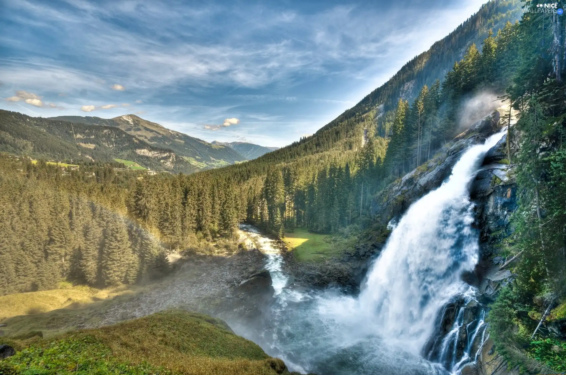 Mountains, forest, Sky, waterfall