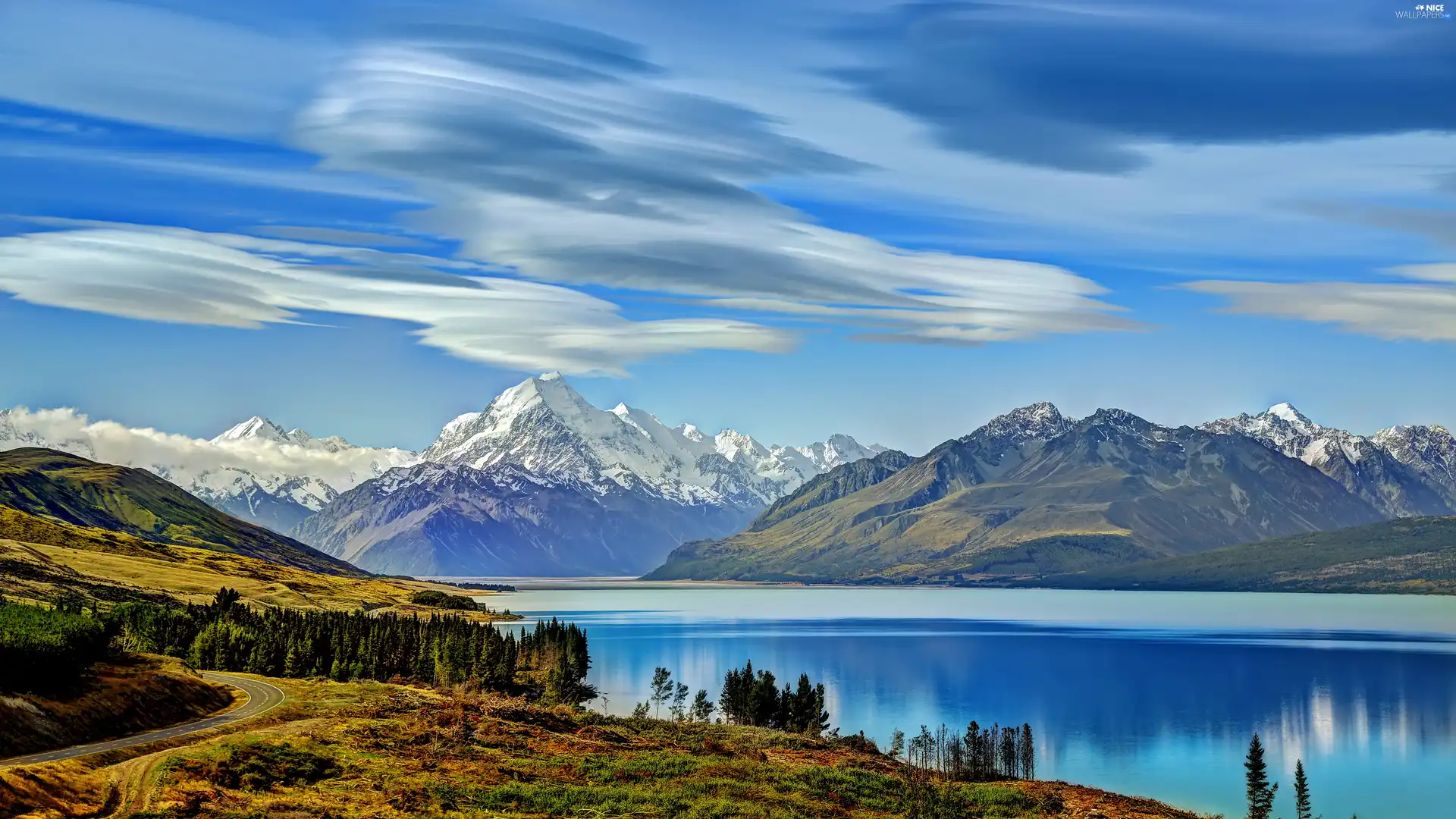 Sky, lake, mountains