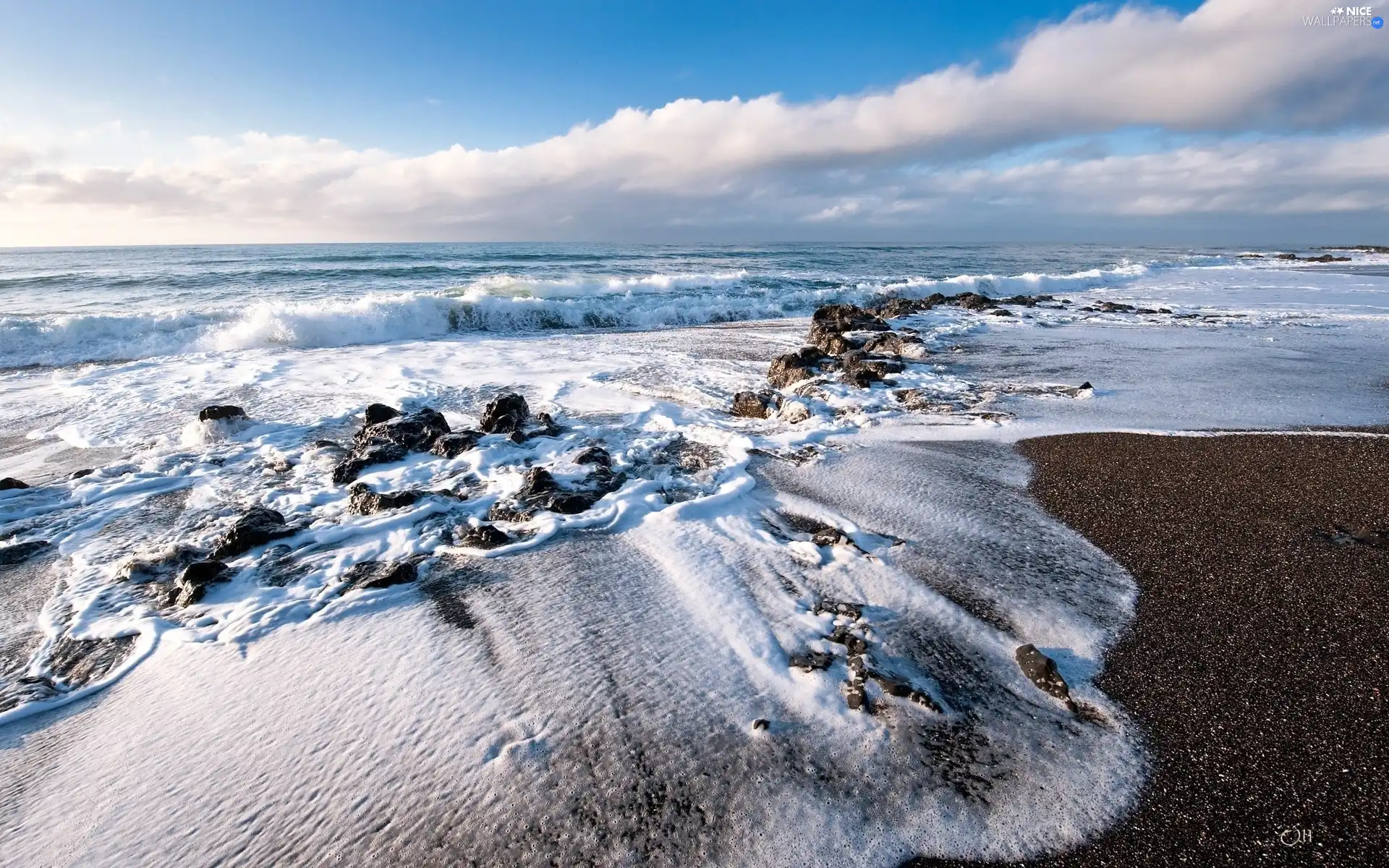 sea, clouds, Sky, Waves