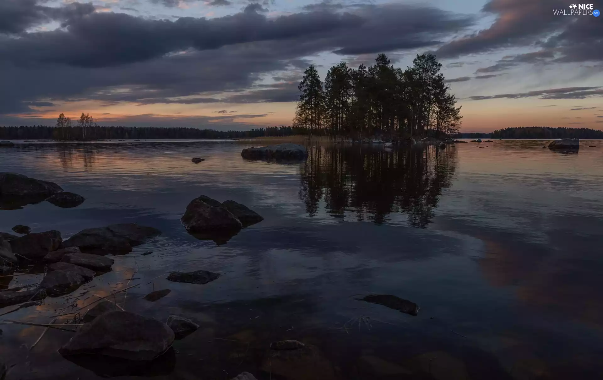trees, lake, Clouds, Sky, viewes, Stones