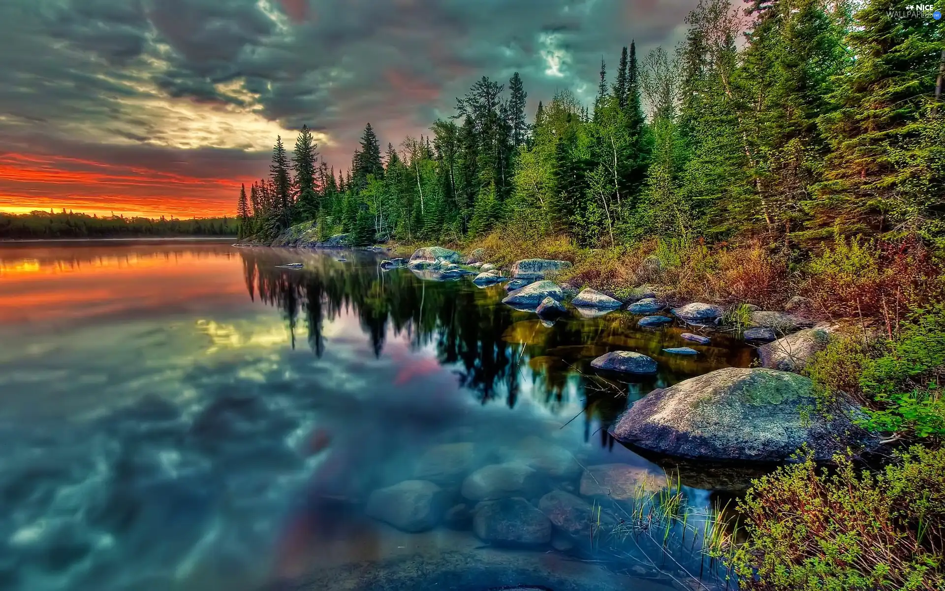 Sky, Pond - car, viewes, Stones, trees, Clouds