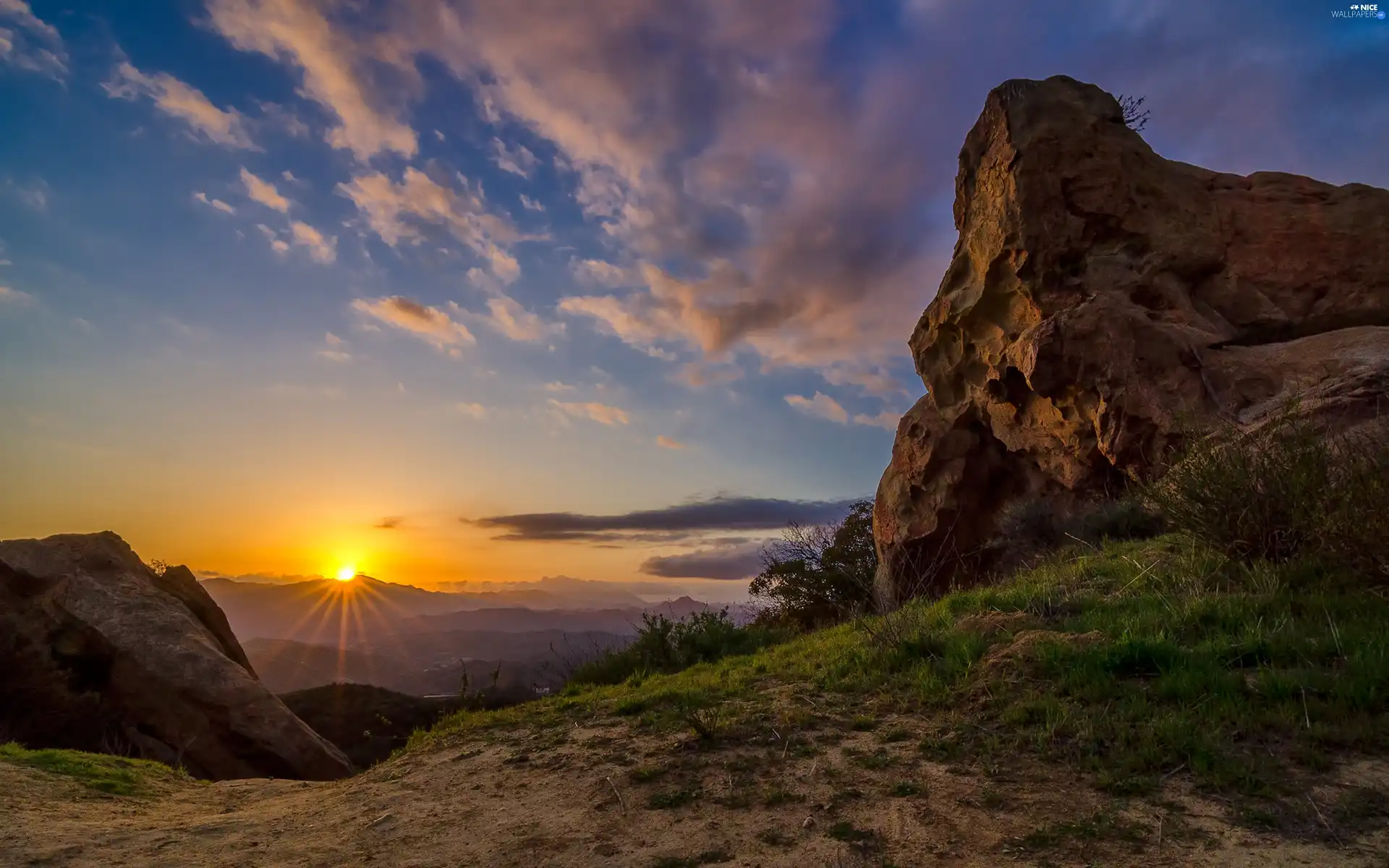 west, Mountains, Sky, sun