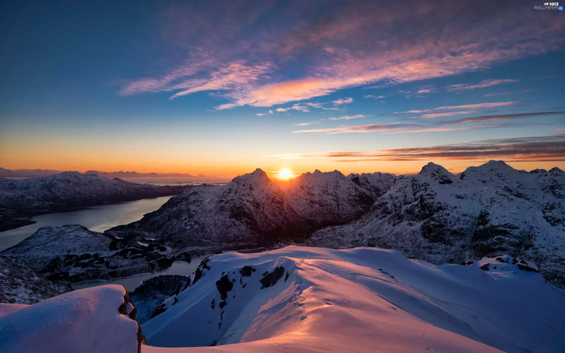 snow, lake, winter, clouds, Sunrise, rocks, Mountains, Sky