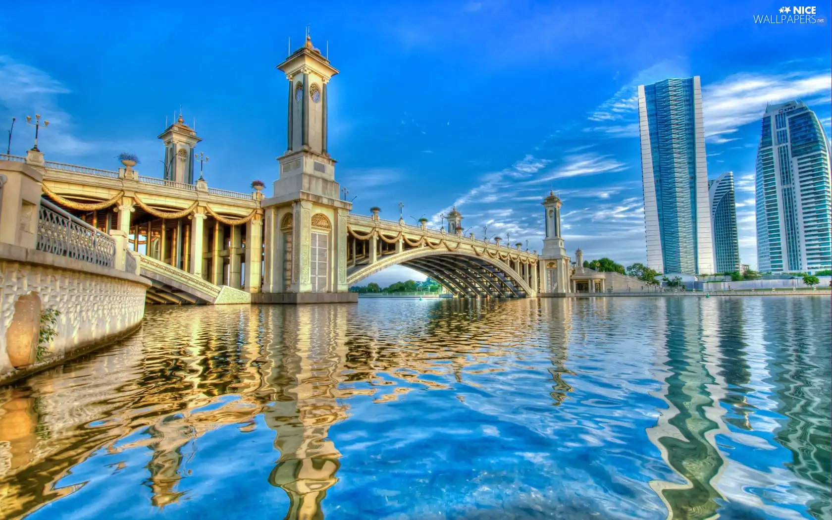 skyscraper, bridge, River