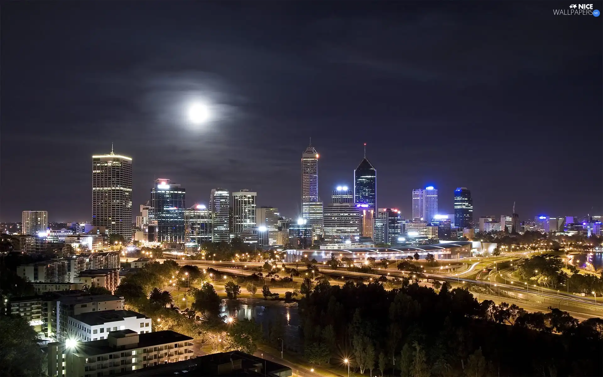 Town, moon, skyscraper, night