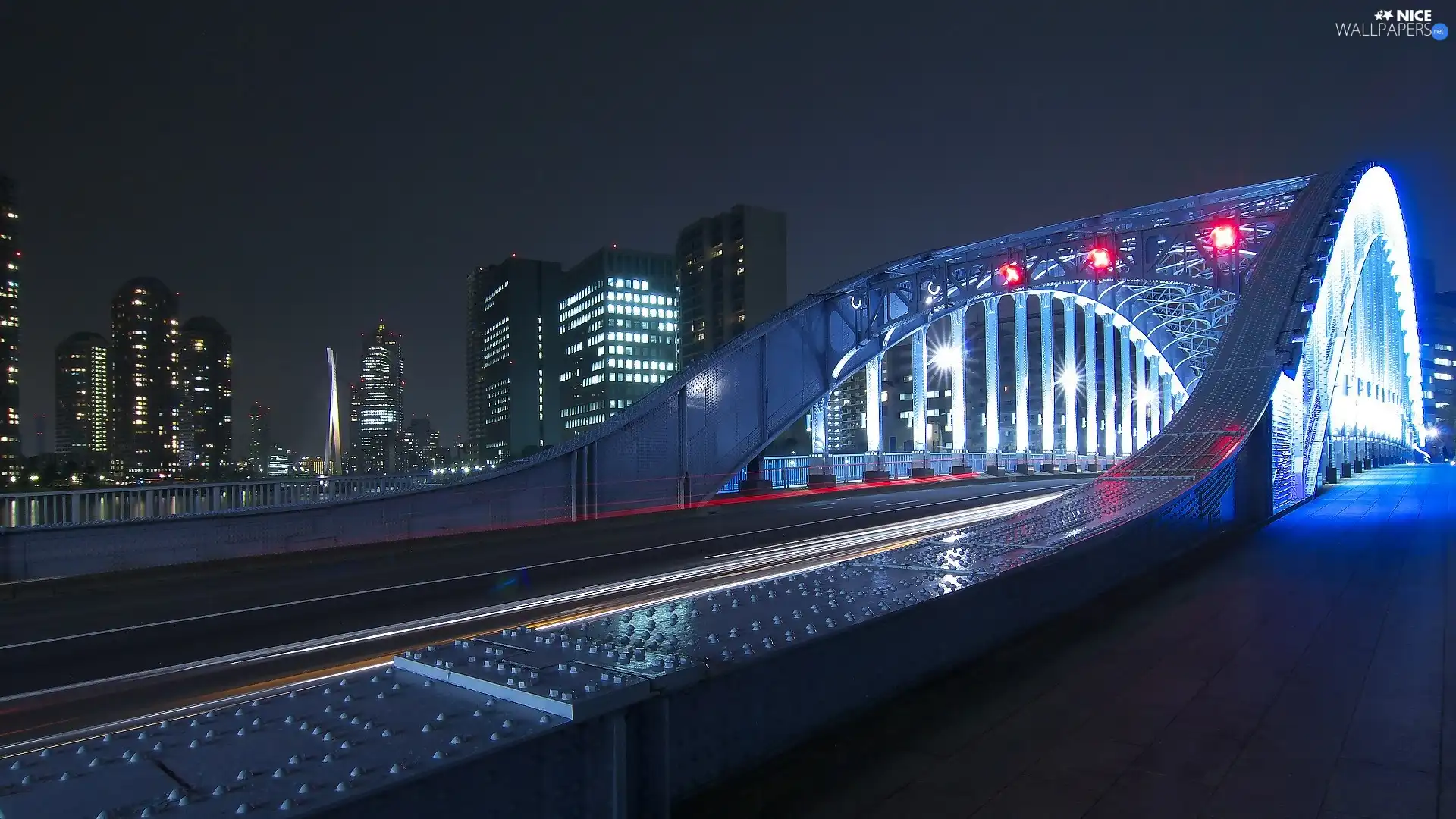 skyscrapers, Floodlit, bridge