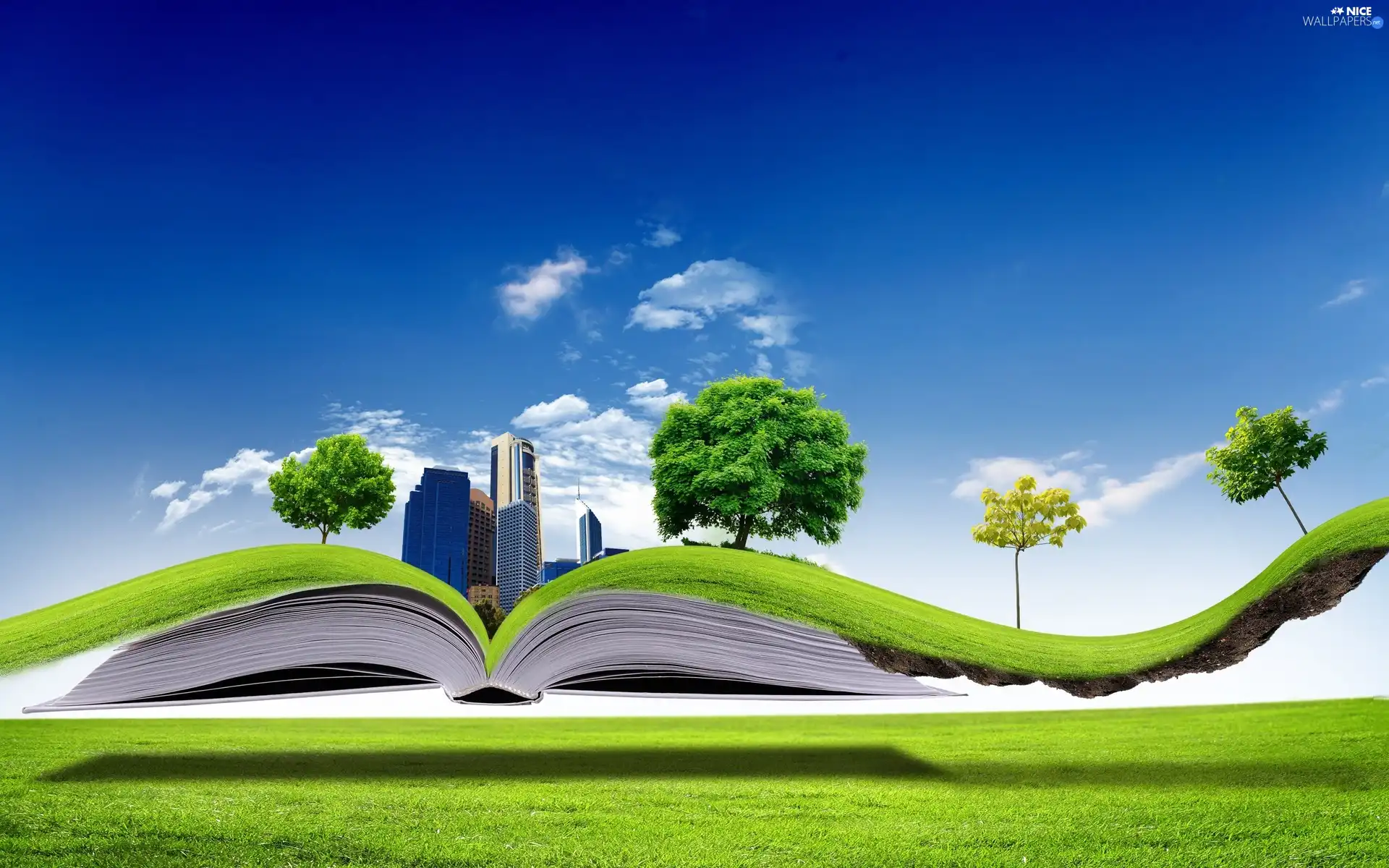 viewes, Book, skyscrapers, clouds, grass, trees