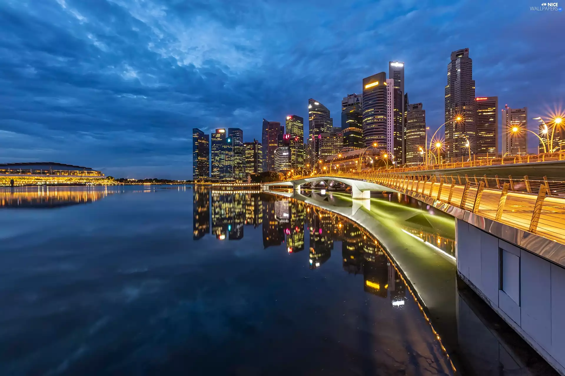 light, Singapur, Gulf, City at Night, bridge, skyscrapers