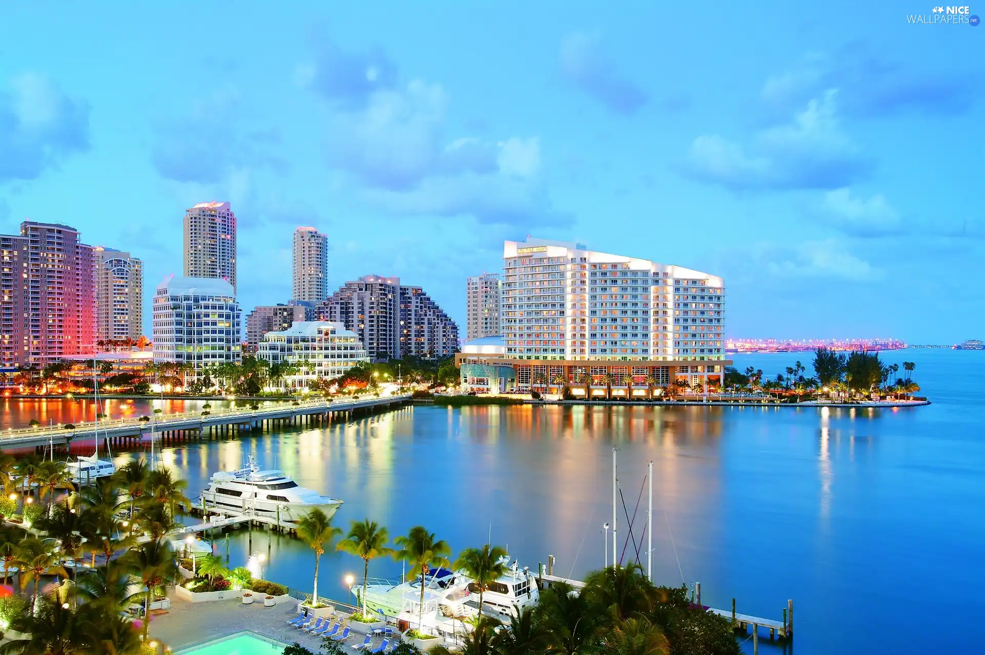 skyscrapers, Harbour, Town, Miami, illuminated