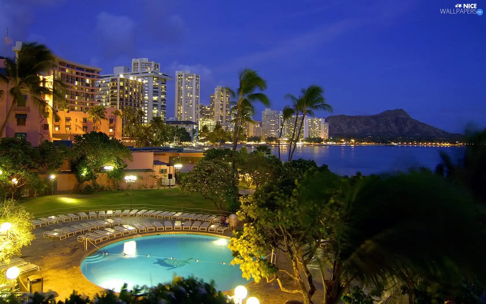 skyscrapers, Pool, Night