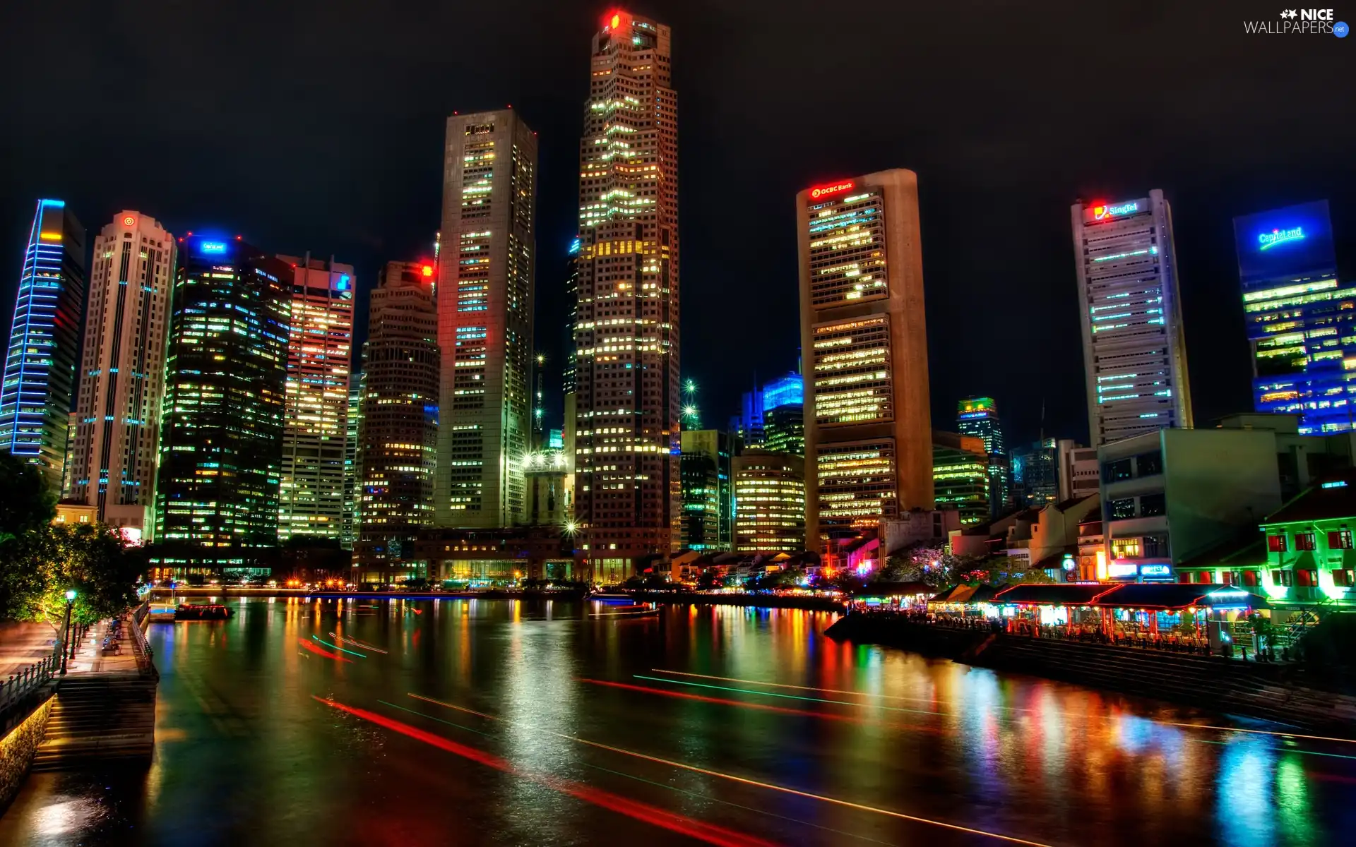 town, Night, Asia, Singapur, skyscrapers, View