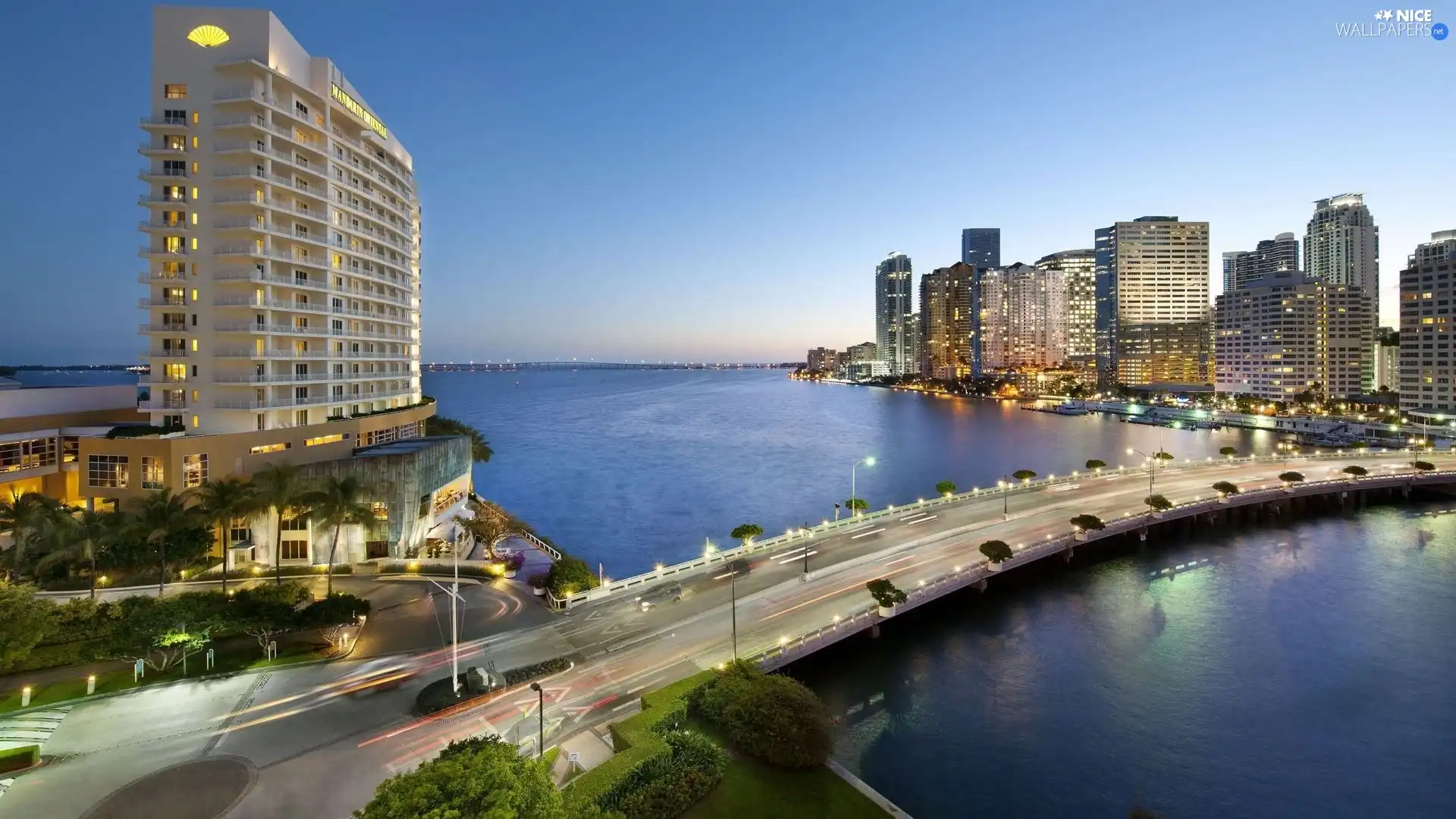 Ocean, Miami, skyscrapers, panorama, bridge, Floryda