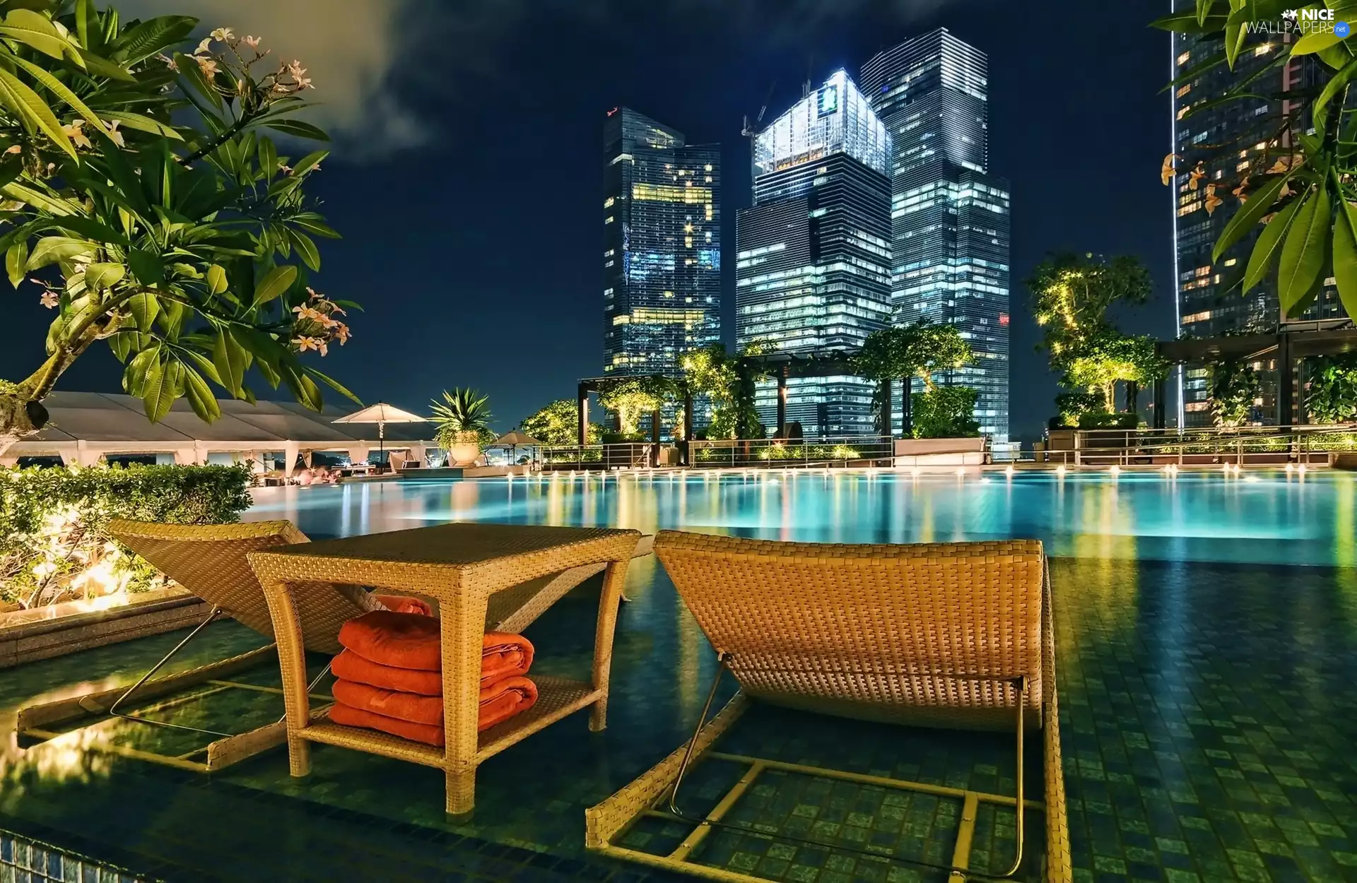 terrace, skyscrapers, Singapore Pool, Pool