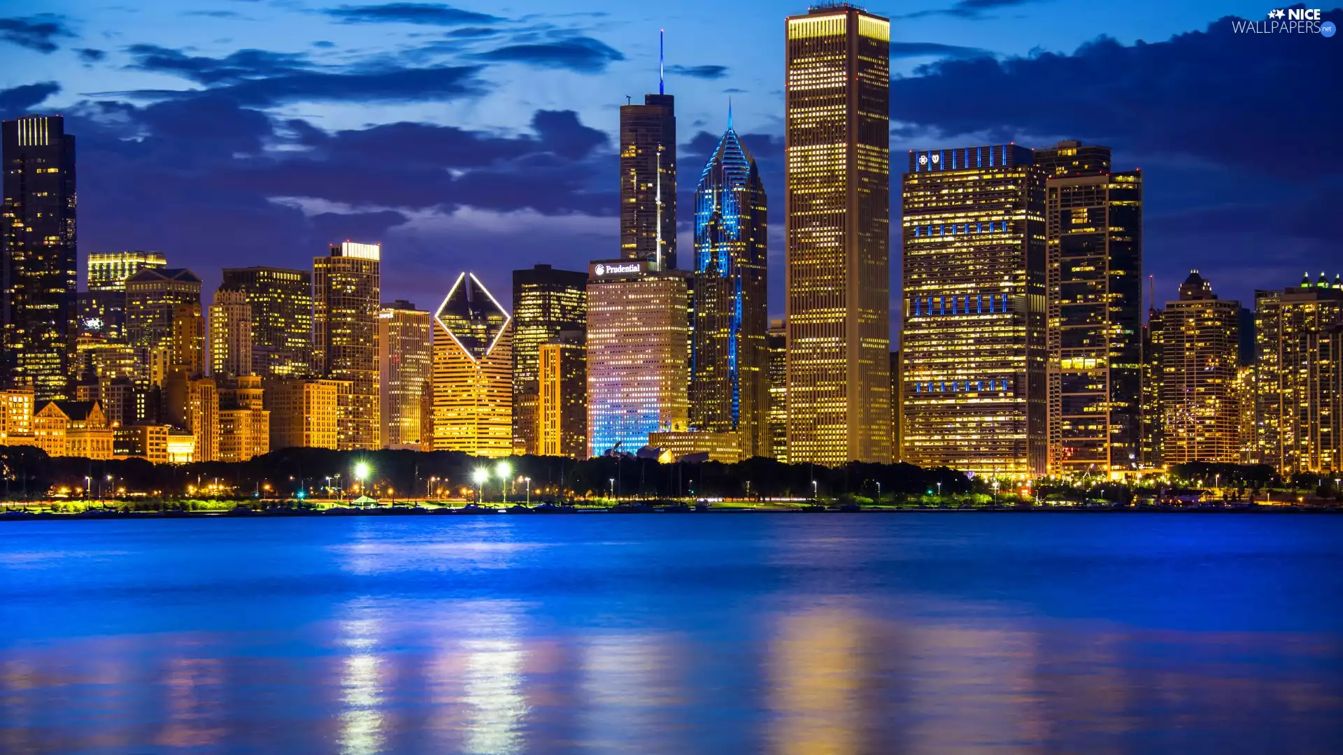 Lake Michigan, Sky, The United States, clouds, Illinois State, skyscrapers, Chicago, Dusk