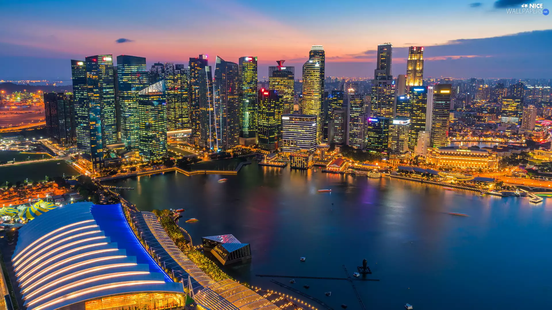 bridge, Great Sunsets, Marina Bay, Singapur, Gulf, skyscrapers