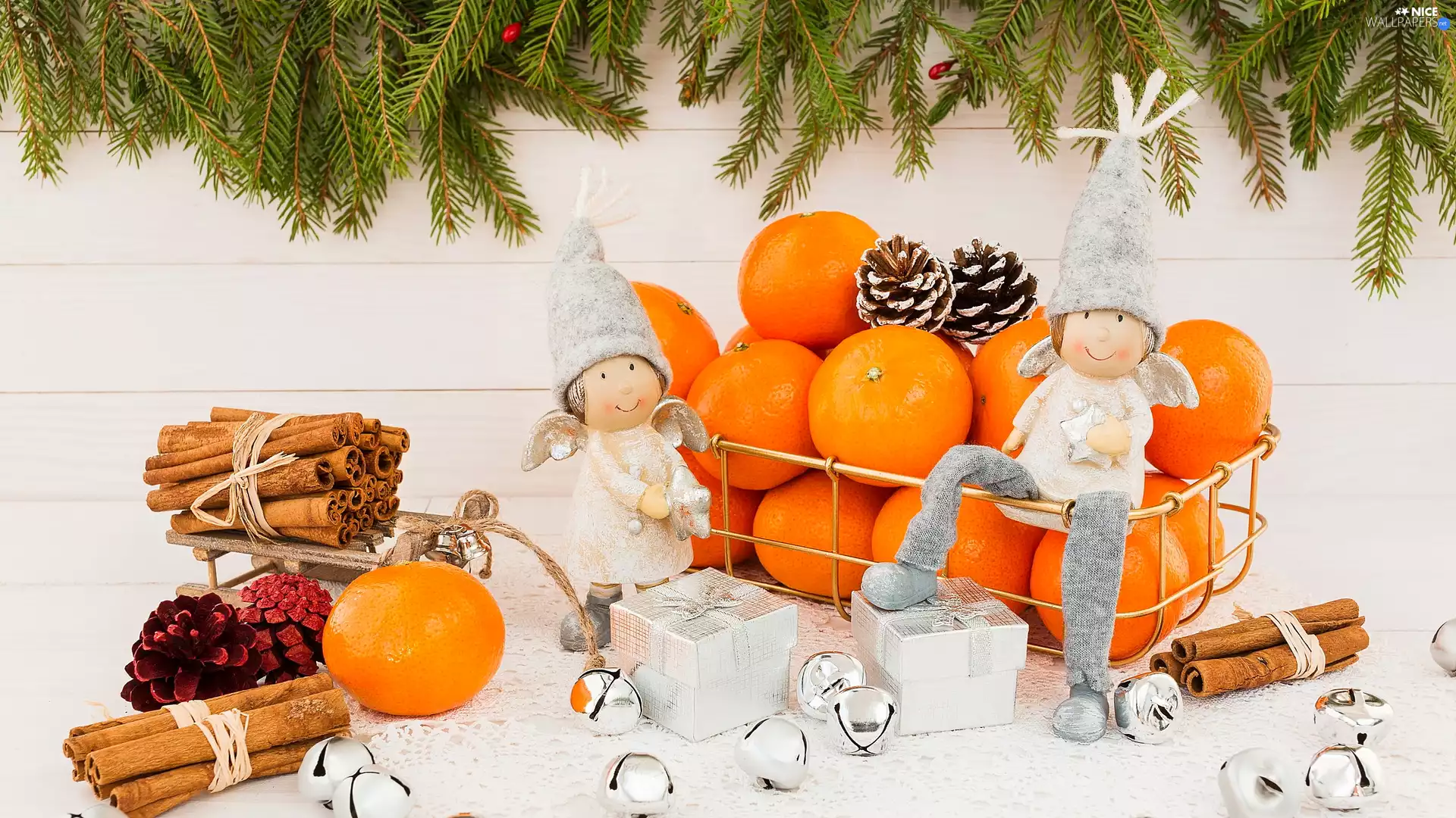 cones, cinnamon, composition, sledge, angels, Christmas, mandarin, Twigs, boarding, basket, Two cars, gifts