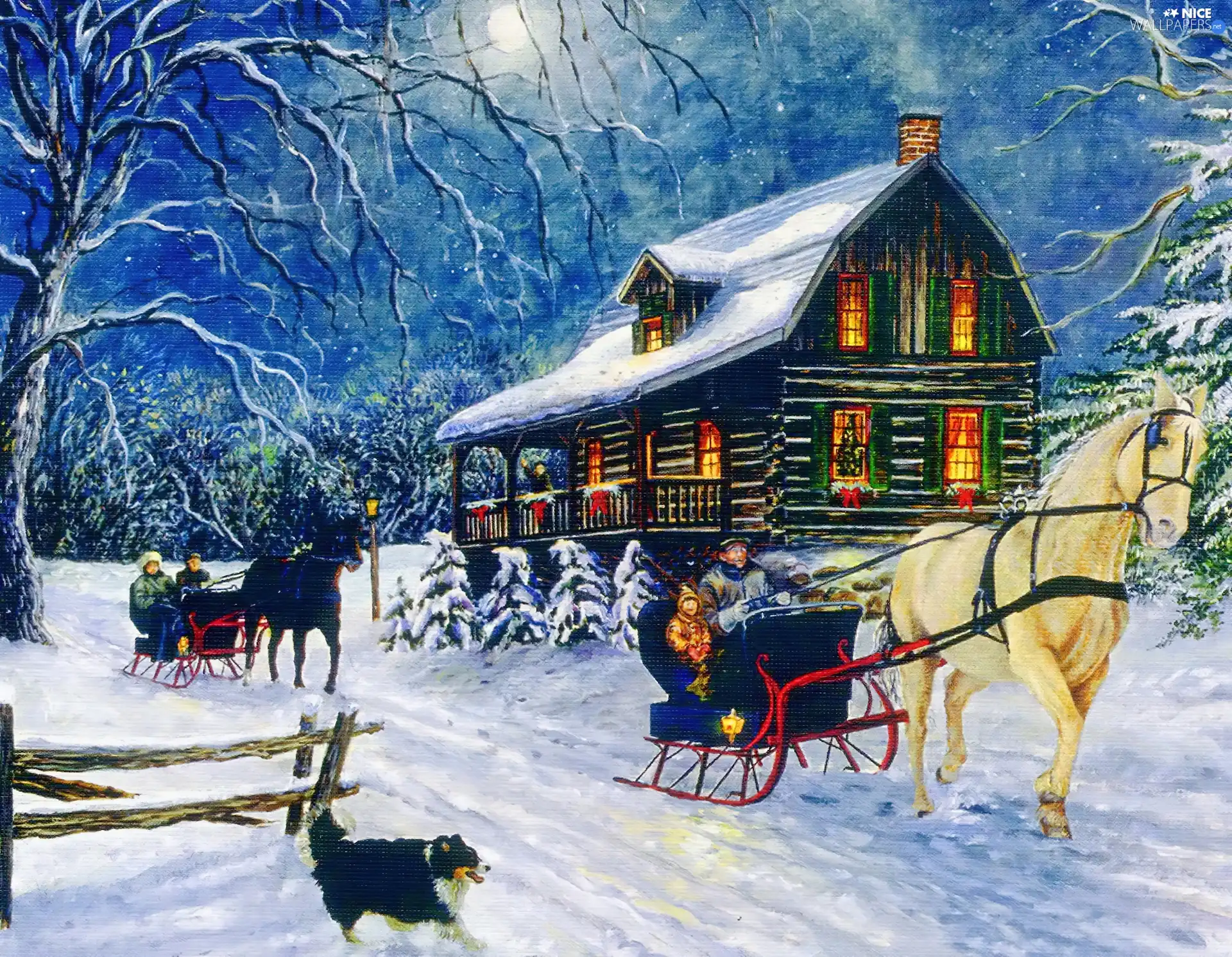 sleigh, winter, house