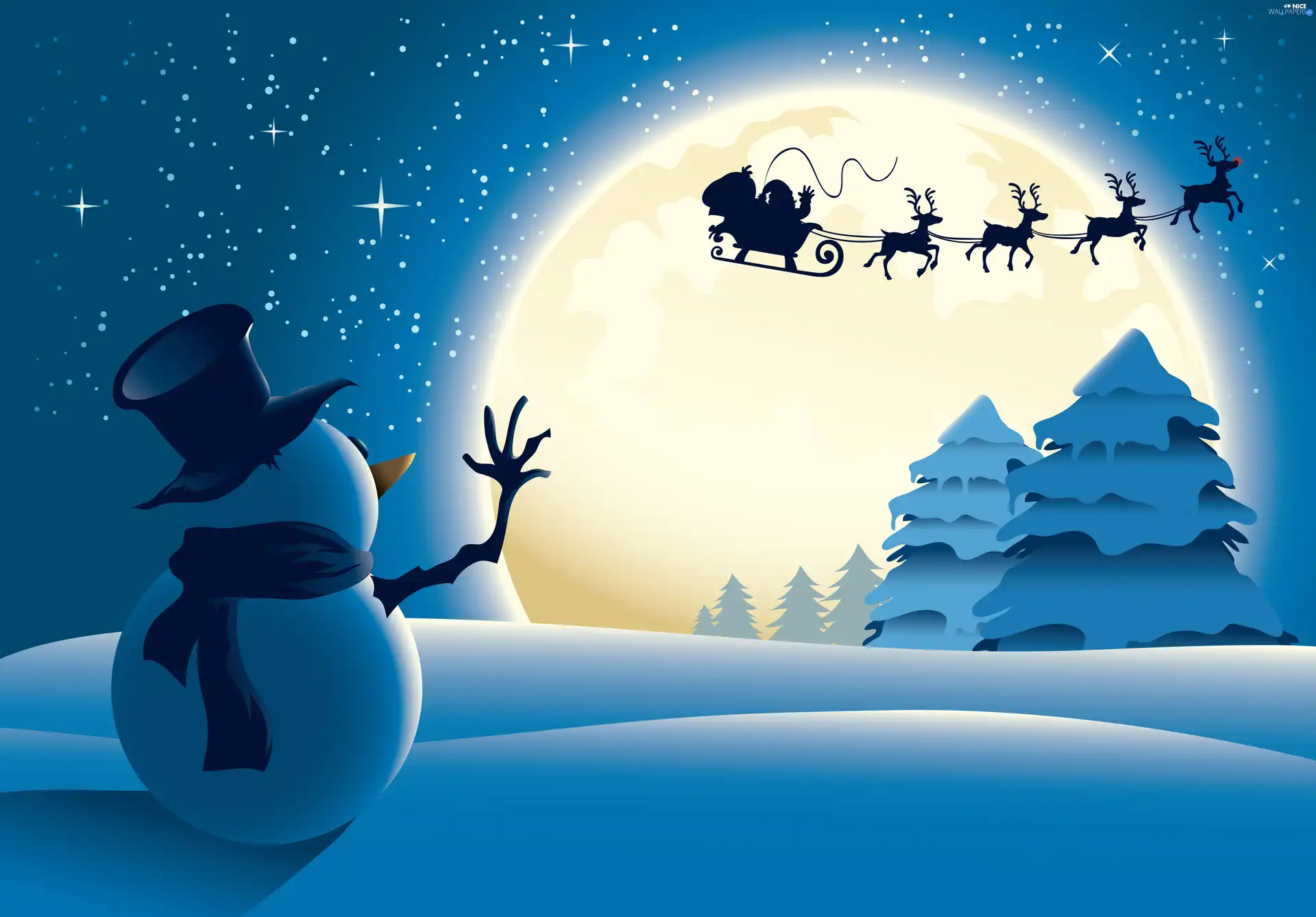 viewes, Snowman, sleigh, Santa, moon, trees