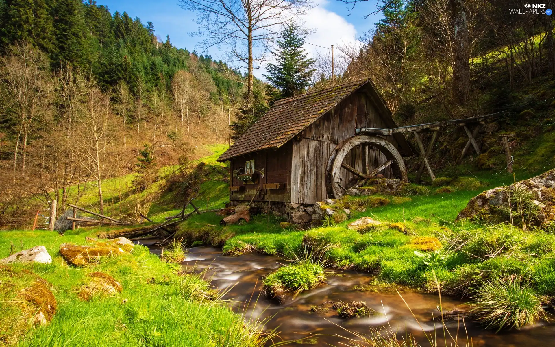 River, flux, Watermill, Stones, Hill, viewes, trees, slope